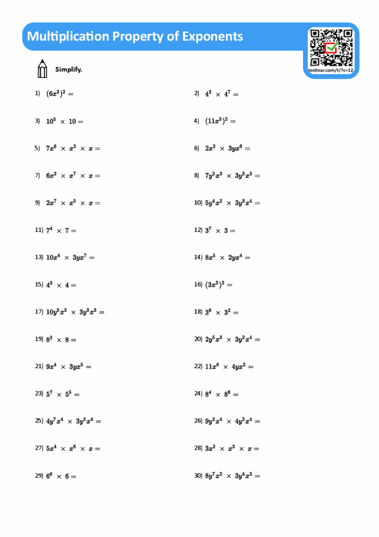Multiplication Property Of Exponents Worksheets