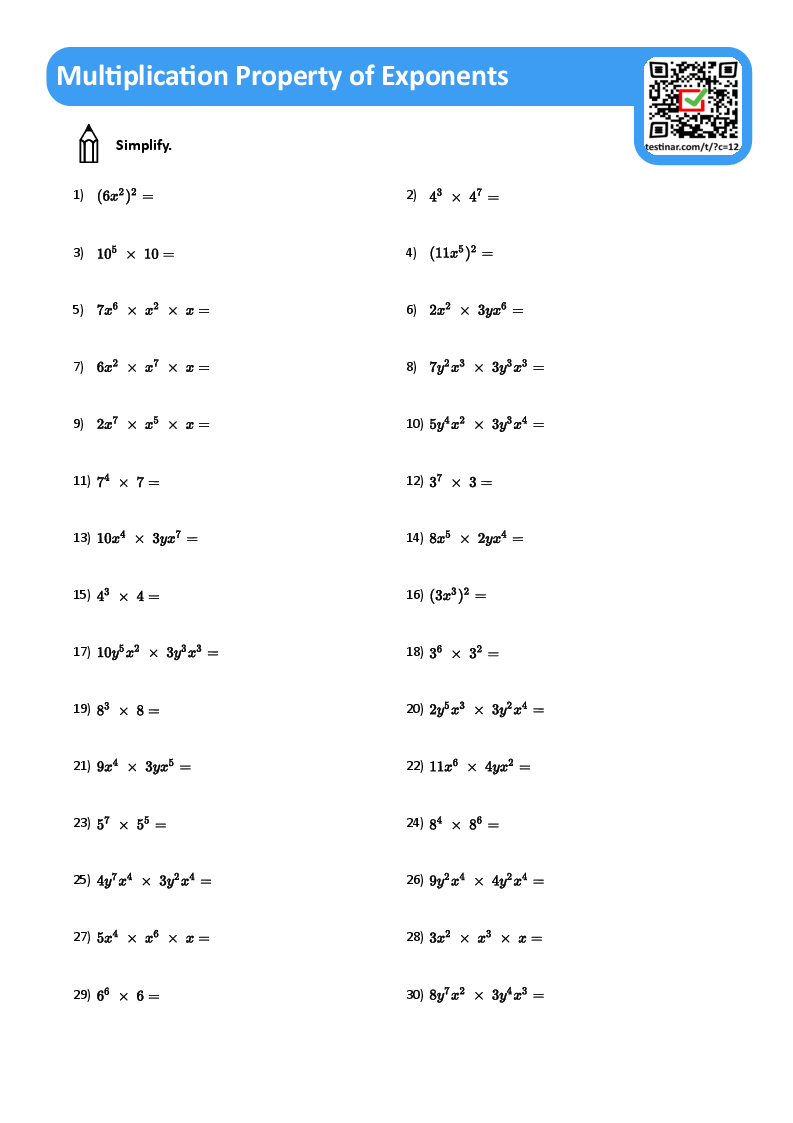 Multiplication Property Of Exponents Worksheets
