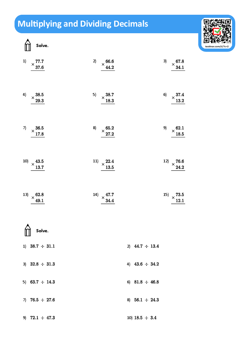 dividing decimals by decimals worksheet