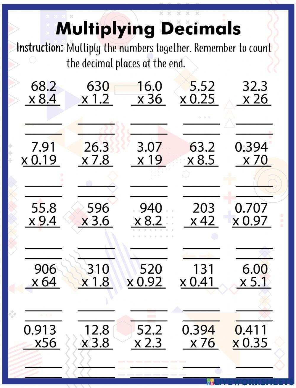 multiplying decimals worksheet