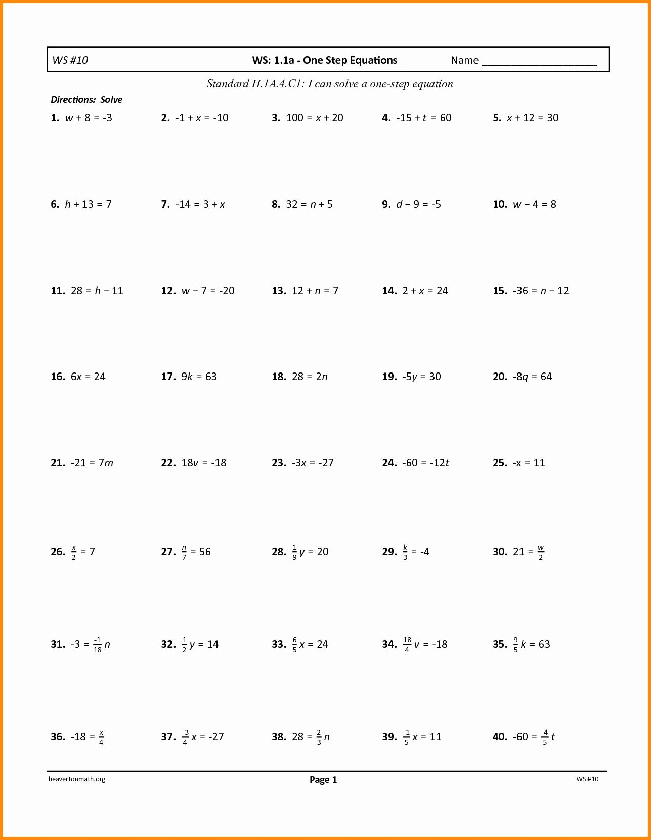 One Step Equations Worksheets Library