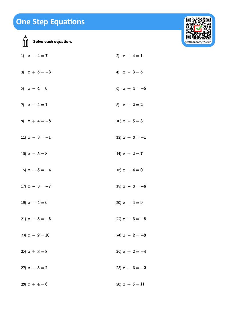 One Step Equations Worksheets