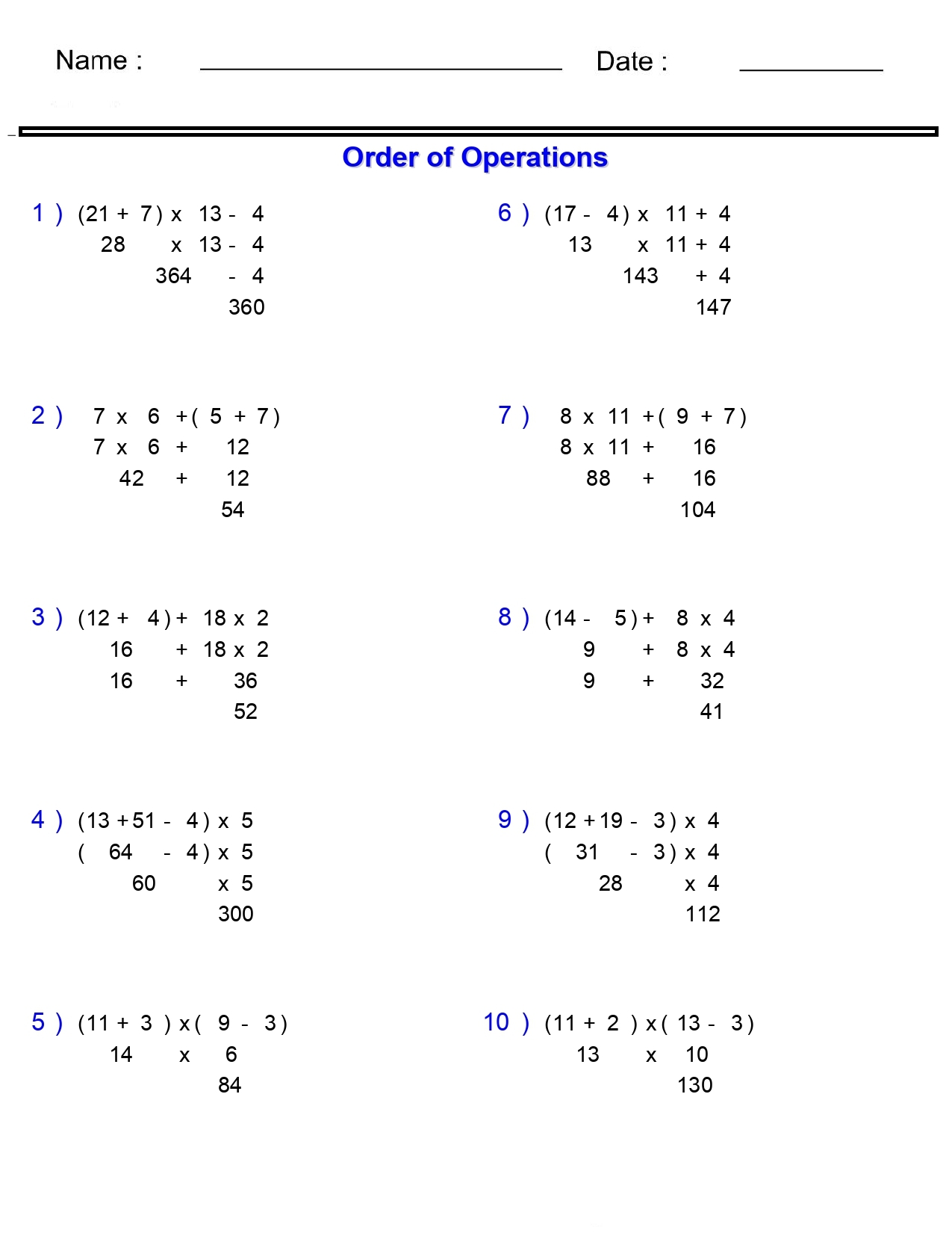 order of operations worksheet