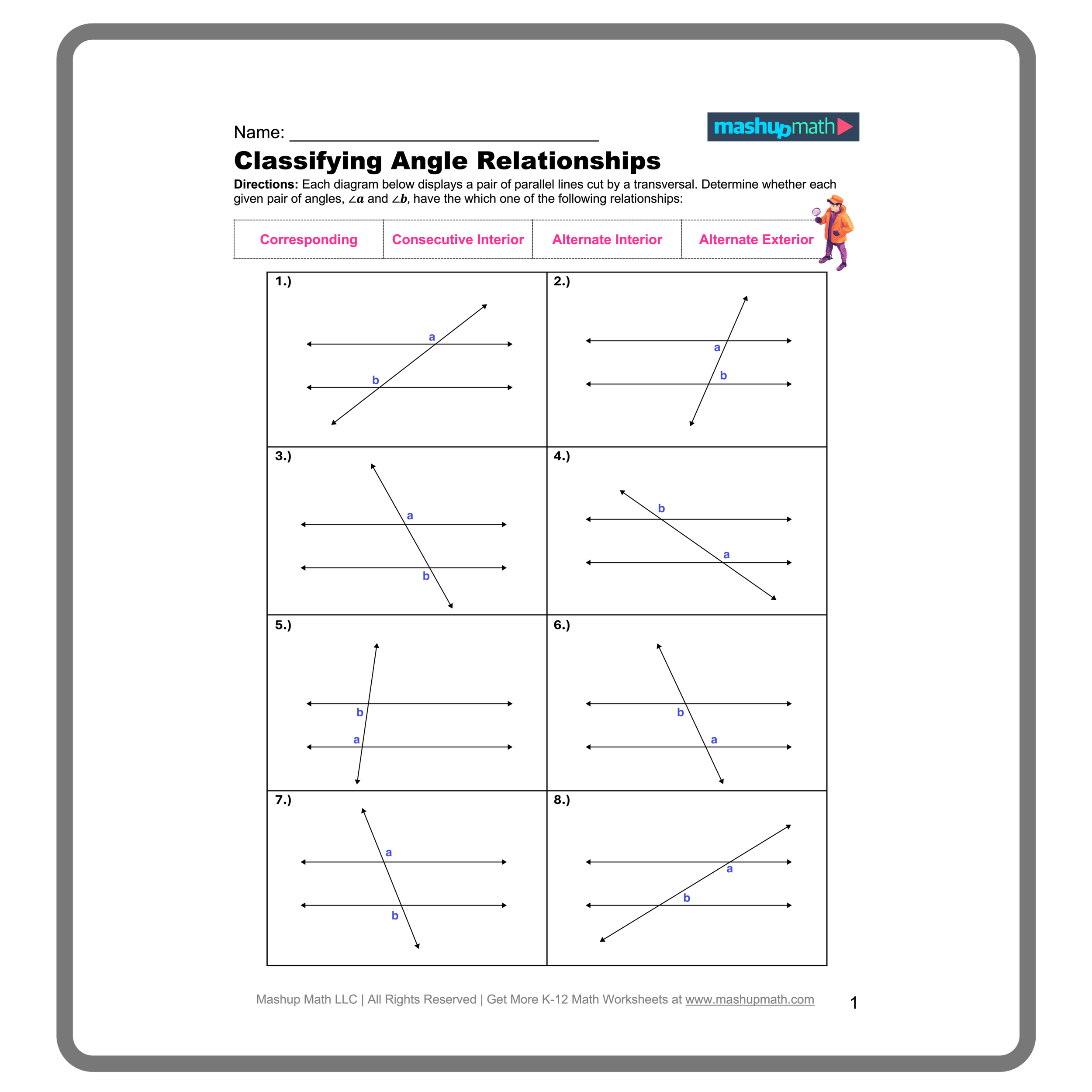 parallel lines cut by a transversal worksheet