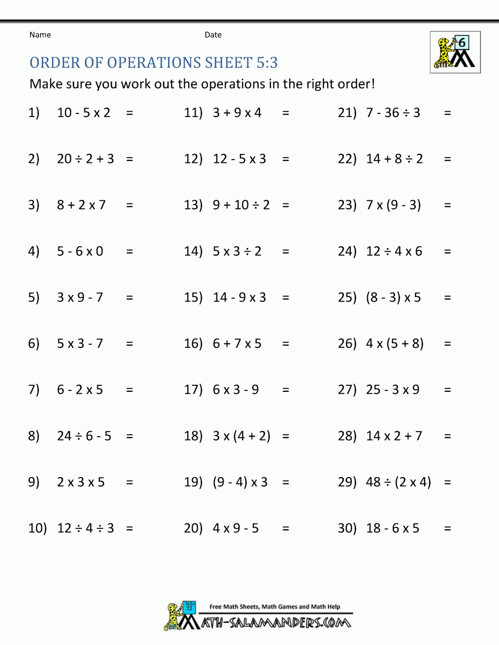 order of operations worksheet pdf