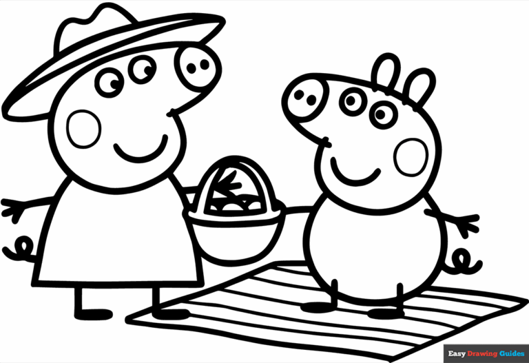 Peppa Pig And George At Picnic Coloring Page Easy Drawing Guides