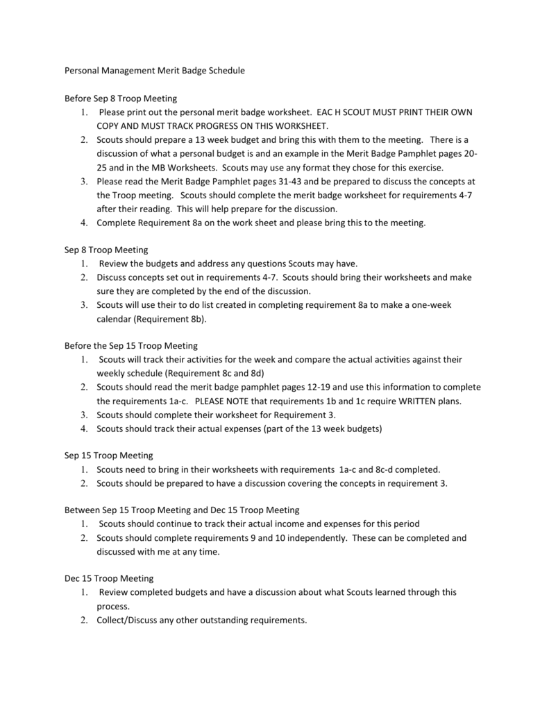 Personal Management Merit Badge Schedule Before Sep 8 Troop