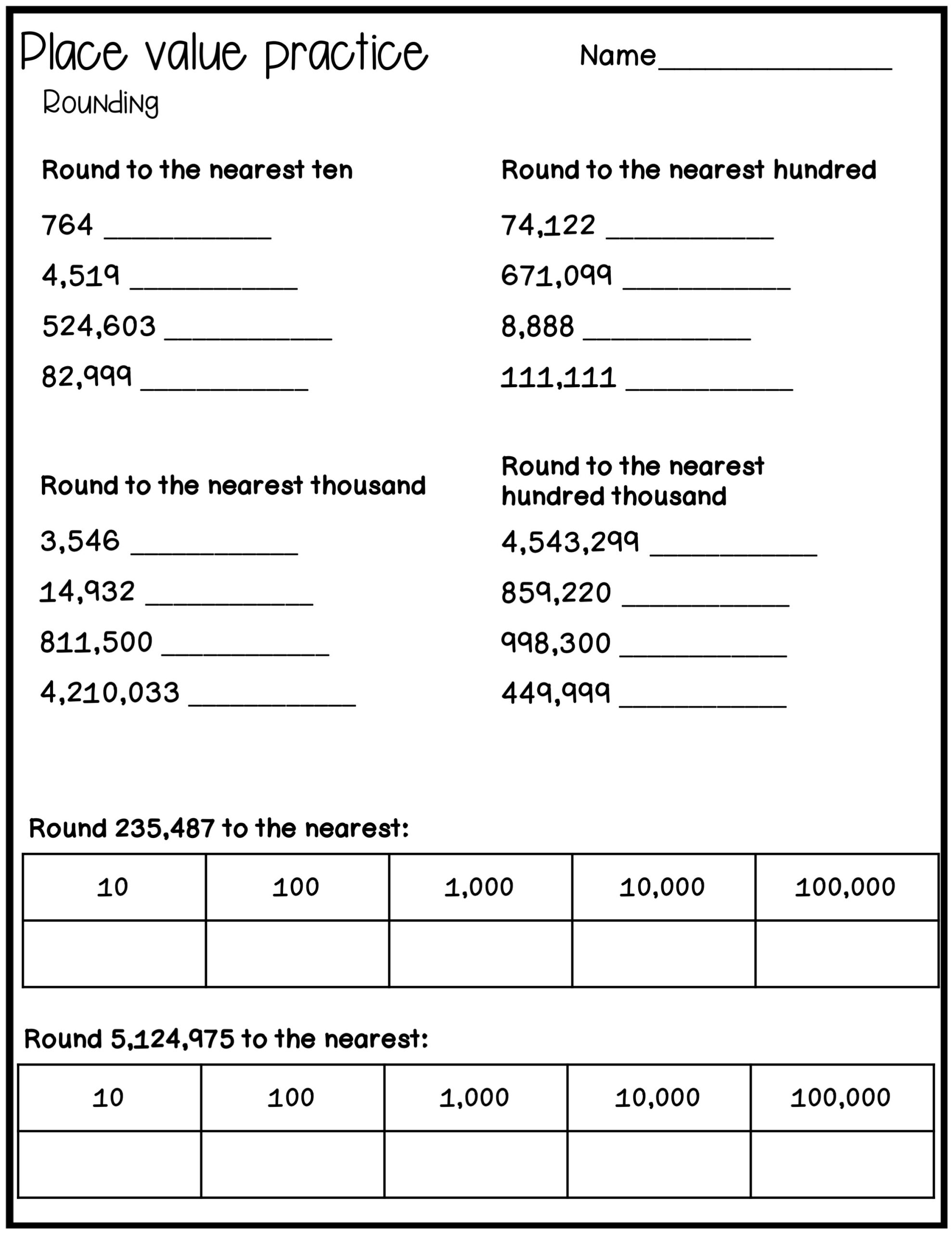 place value worksheet