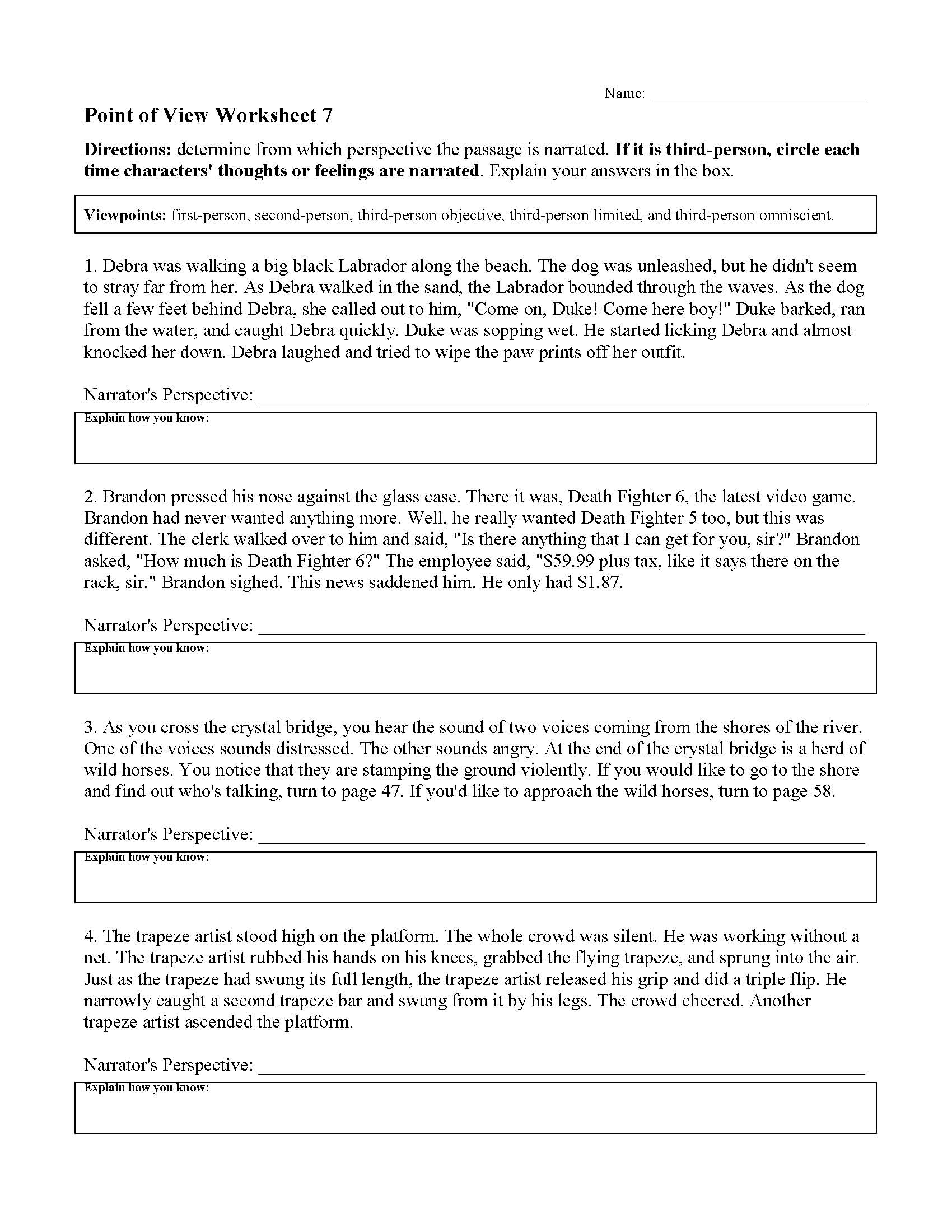 Point Of View Worksheet 7 Reading Activity