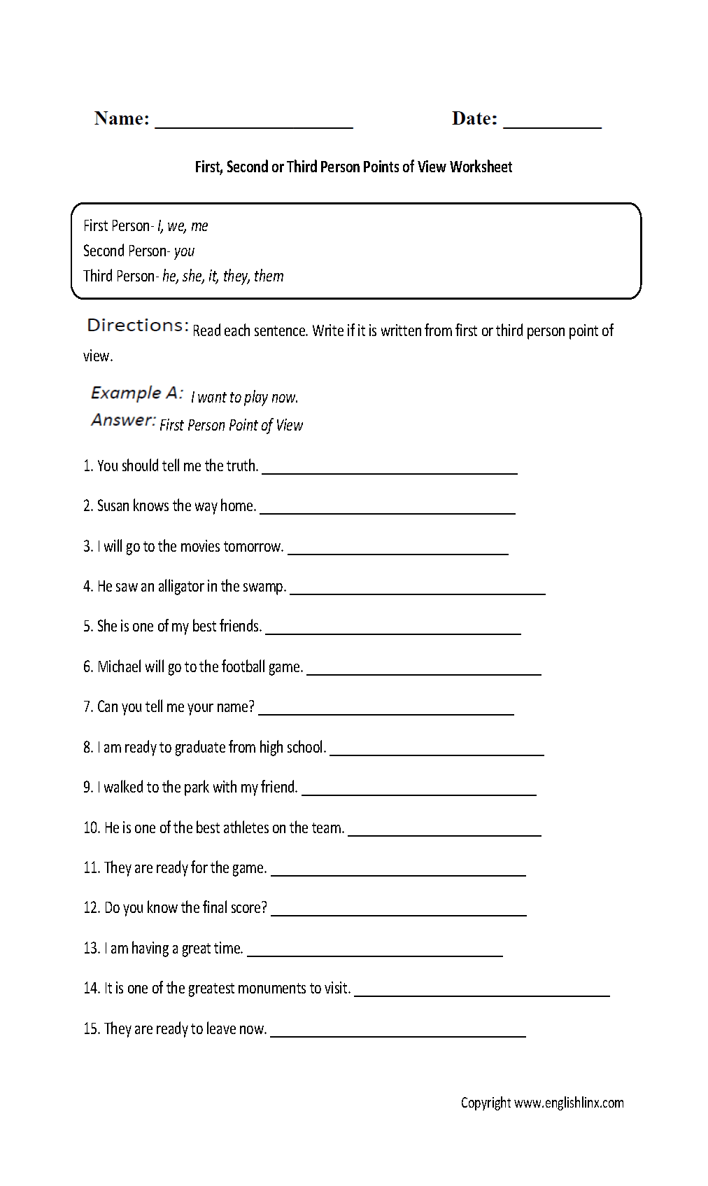 Point Of View Worksheets First Second And Third Person Point Of View Worksheet
