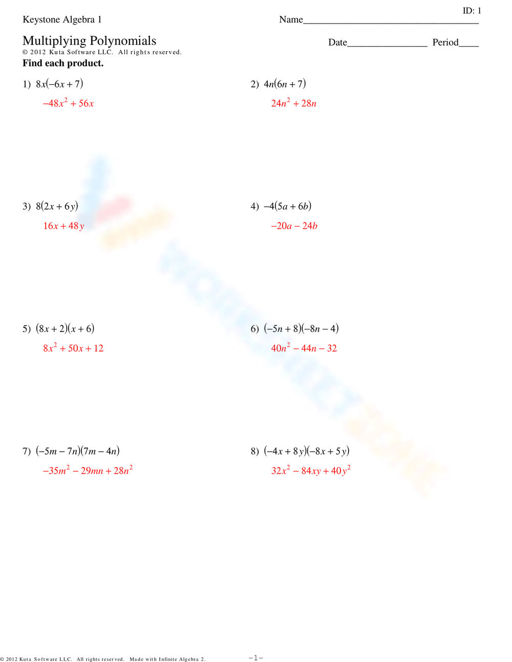 Polynomials Practice Multiplying With Key Included Worksheet