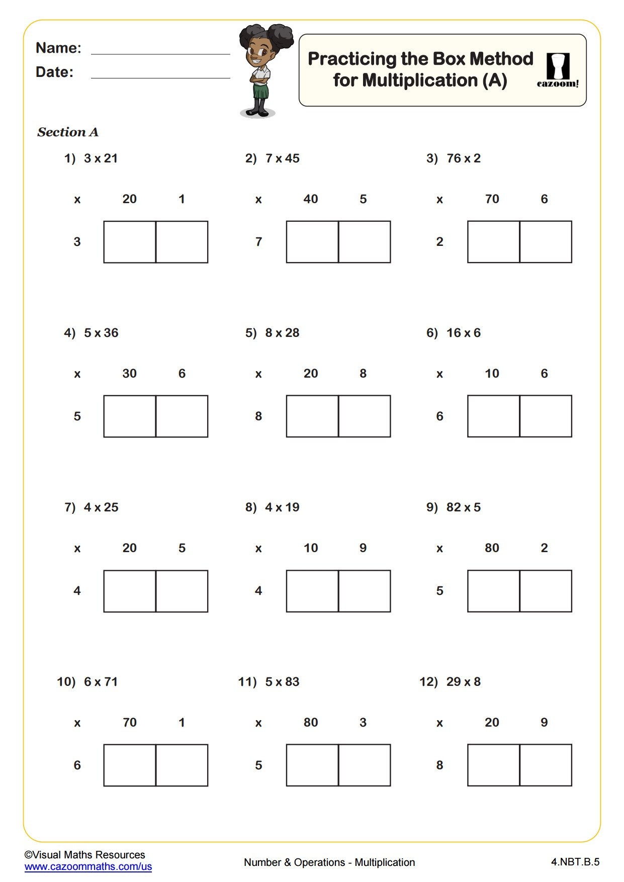 Practicing The Box Method For Multiplication B PDF Printable Number And Operations Worksheets