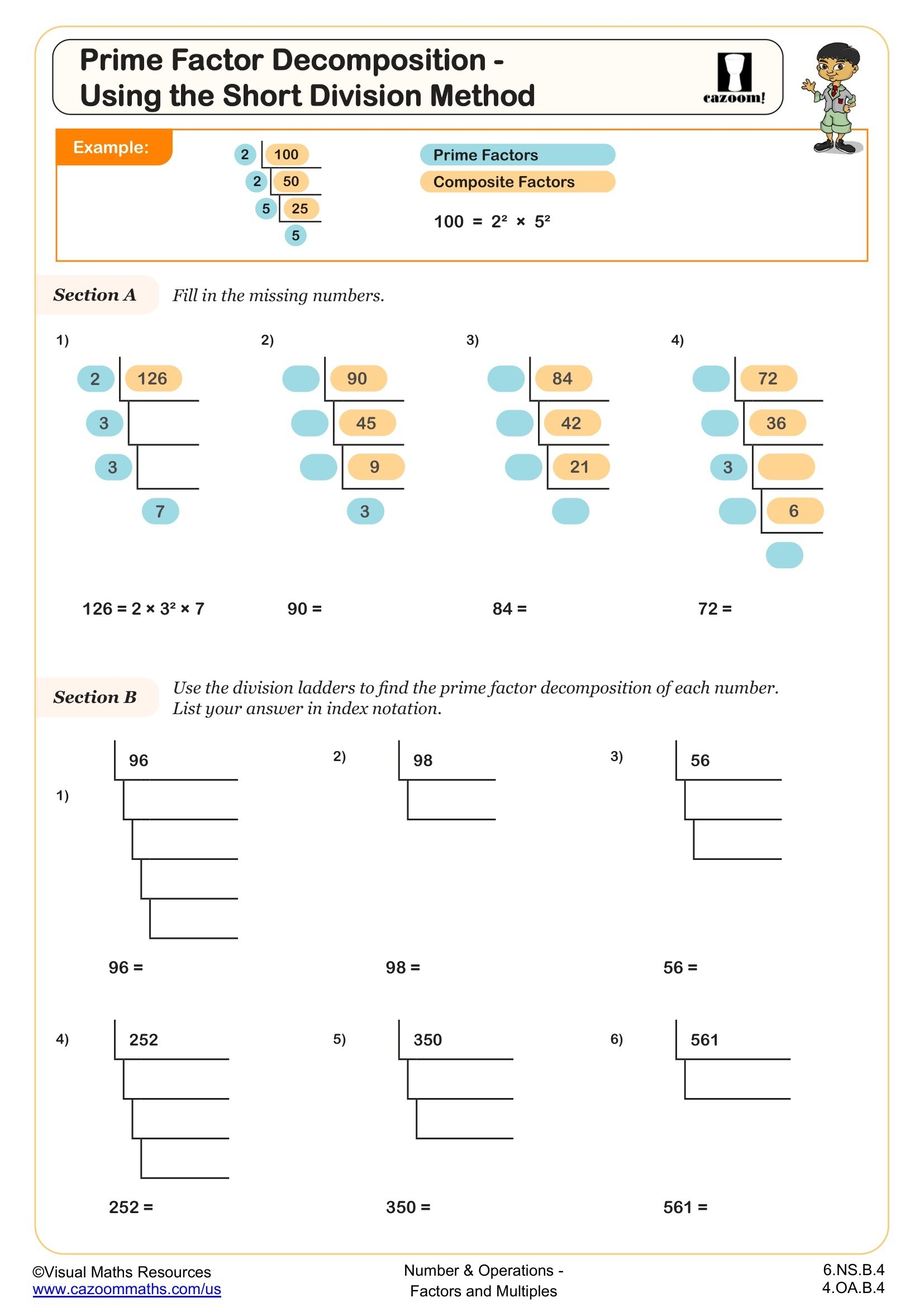 Prime Factor Decomposition Using The Short Division Method Worksheet Fun And Engaging 6th Grade And 4th Grade Number Operations Worksheet