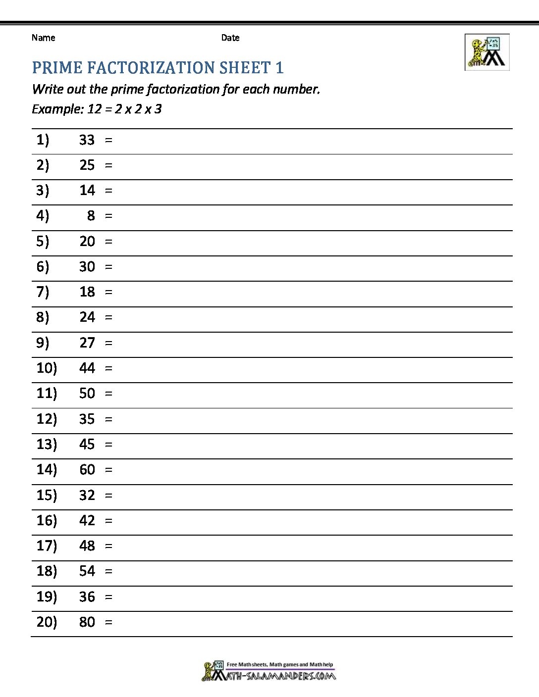 prime factorization worksheet