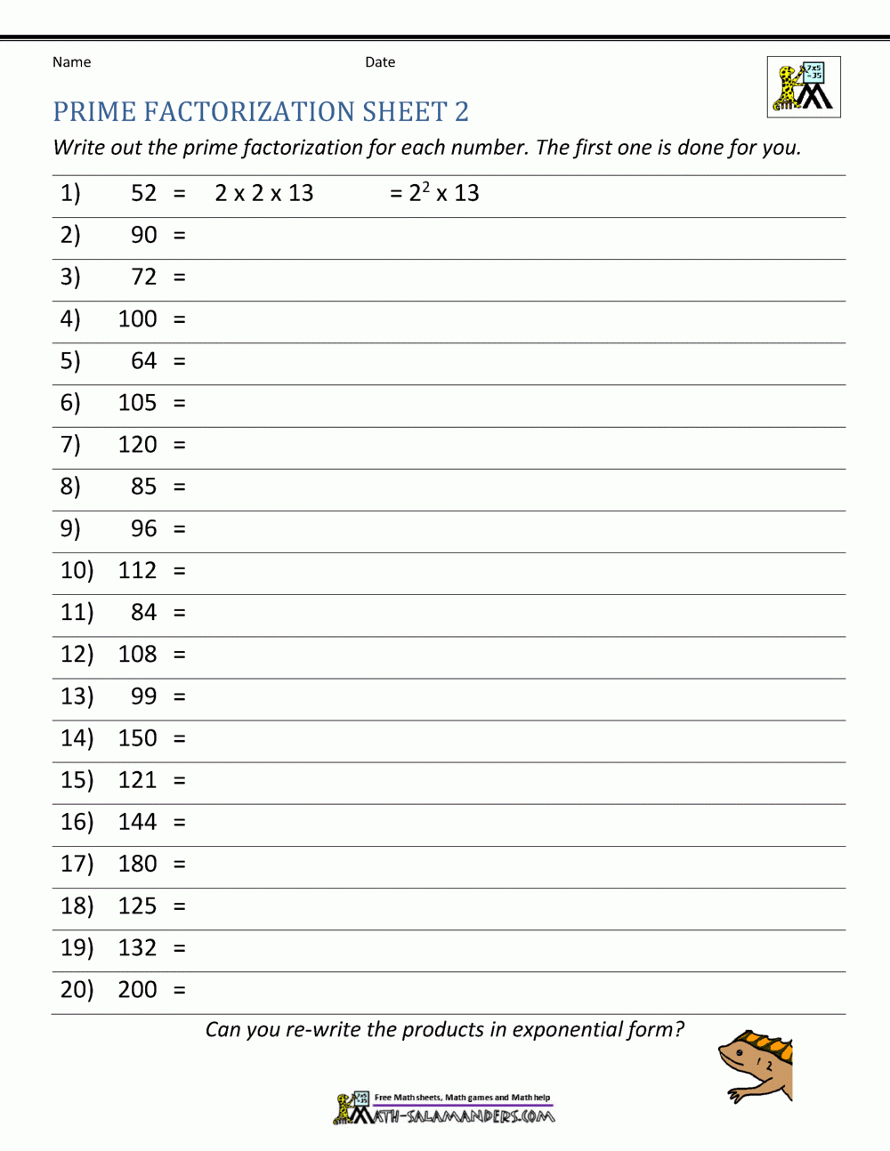 Prime Factorization Worksheet Page