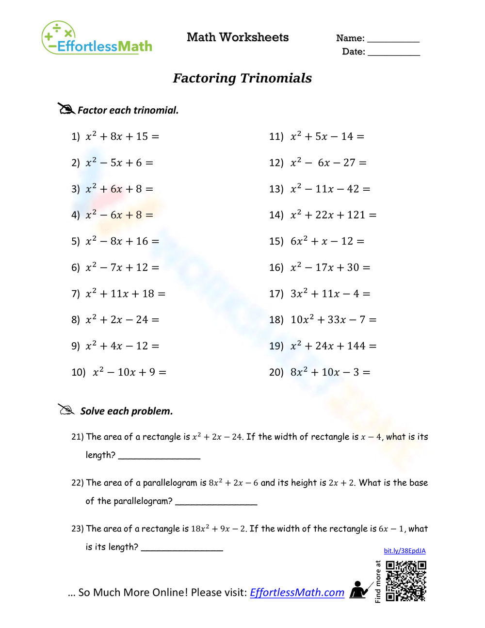 factoring trinomials worksheet
