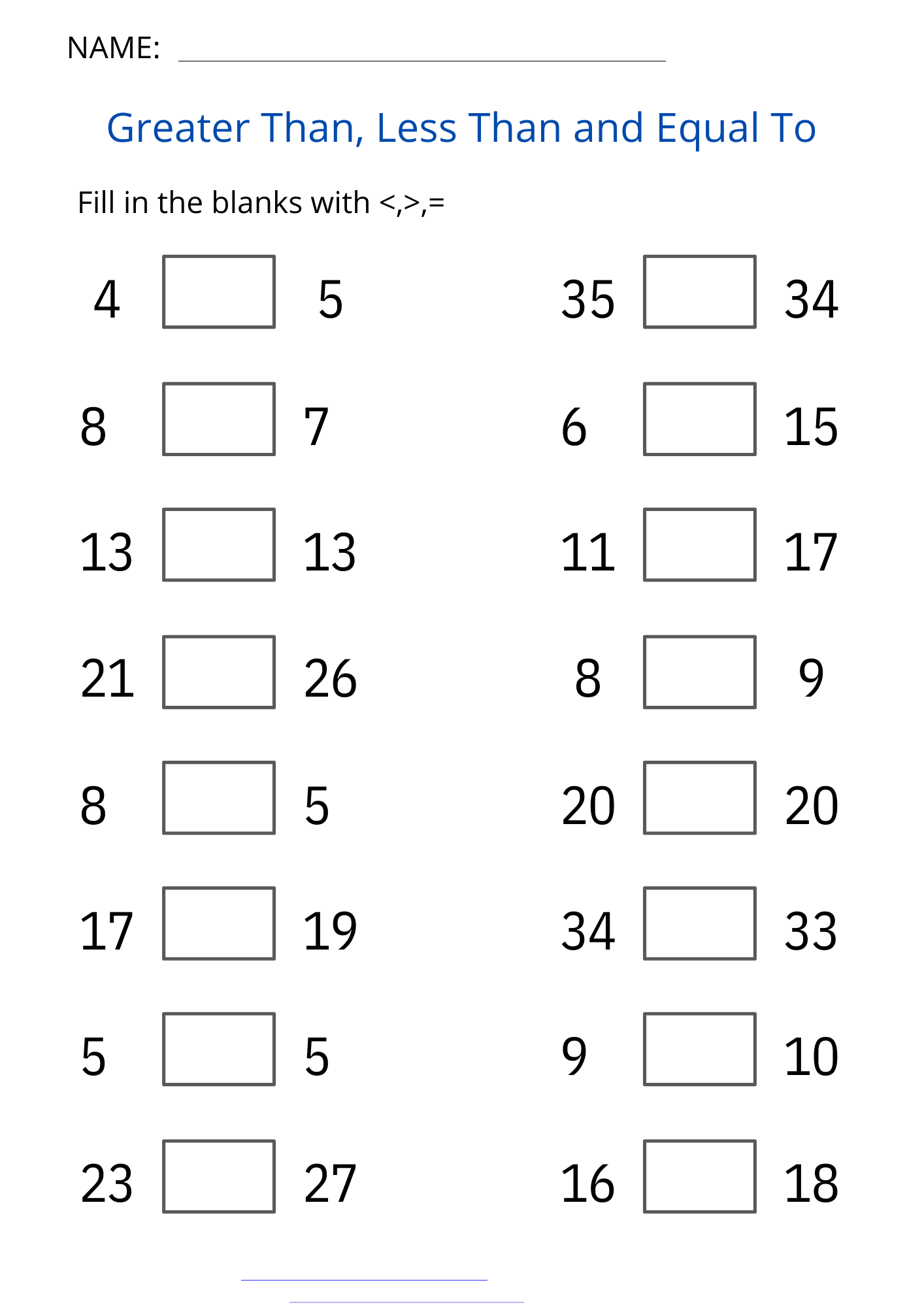 greater and less than signs worksheets
