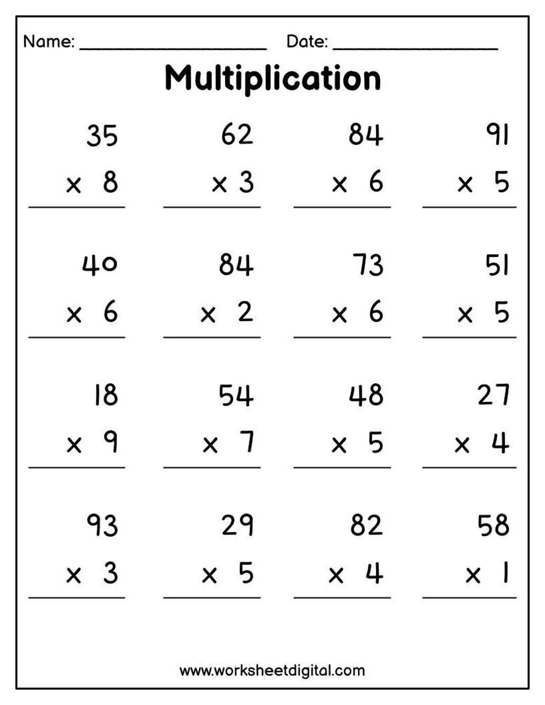 Printable Multiplication Worksheets Multiplying Worksheets 2 Digit By 1 Digit Year 1 6 Homeschool Homework Practice Etsy