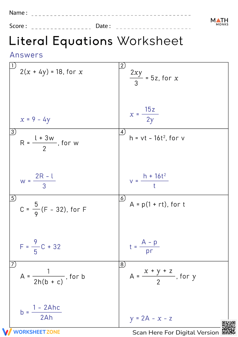 Printable Solving Literal Equations Worksheets