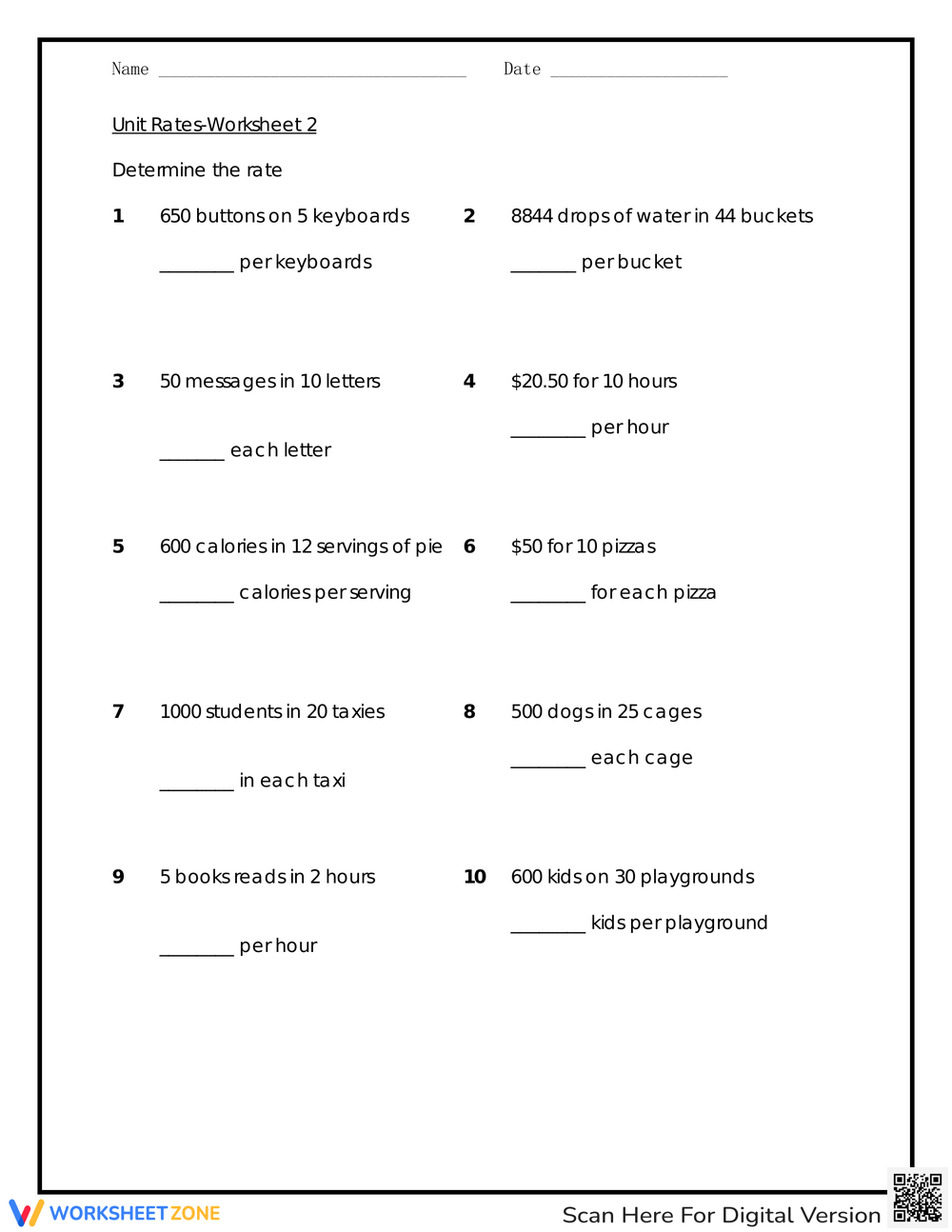 Printable Unit Rates Worksheets