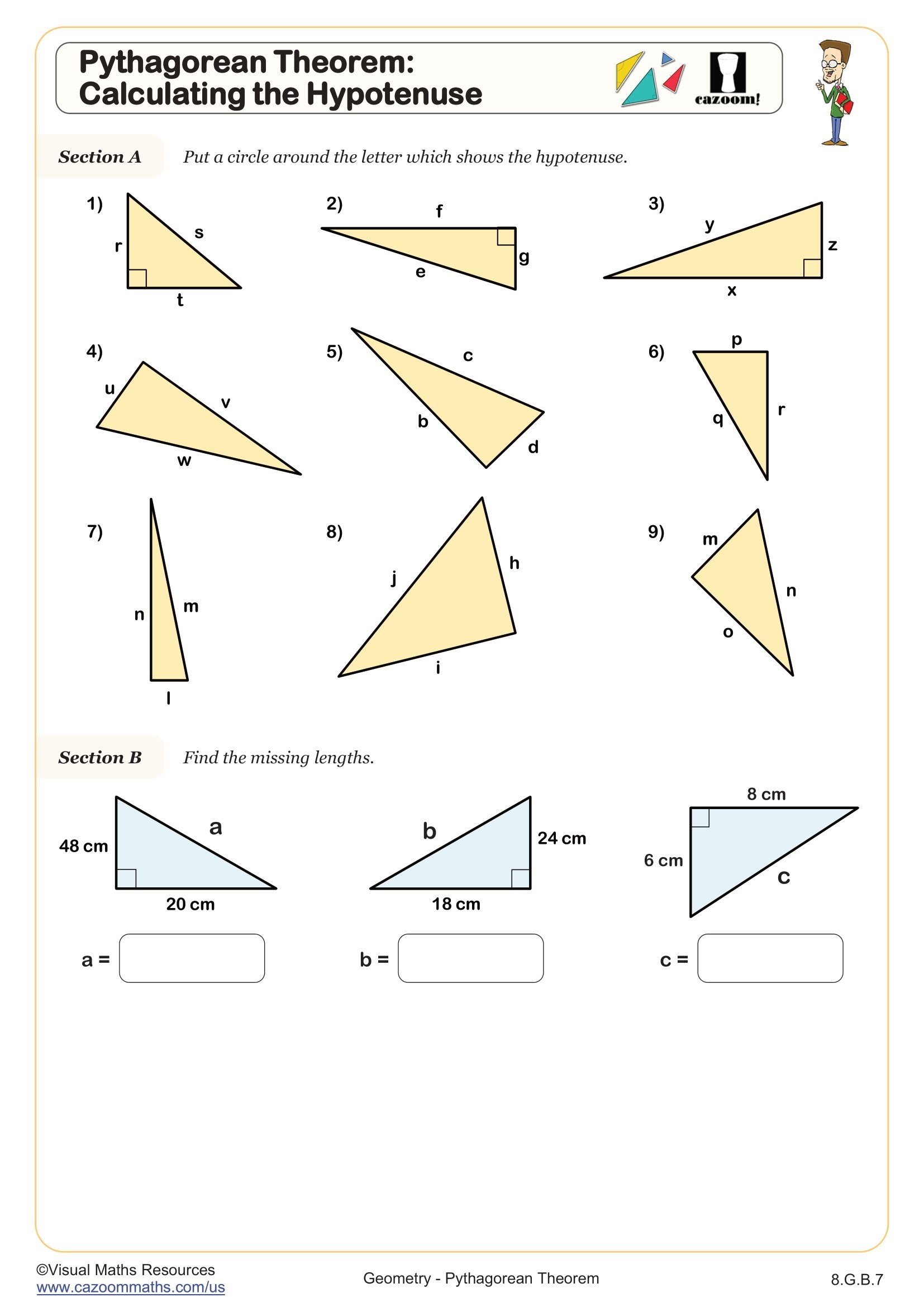 Pythagorean Theorem Calculating The Hypotenuse Worksheet PDF Printable Geometry Worksheet
