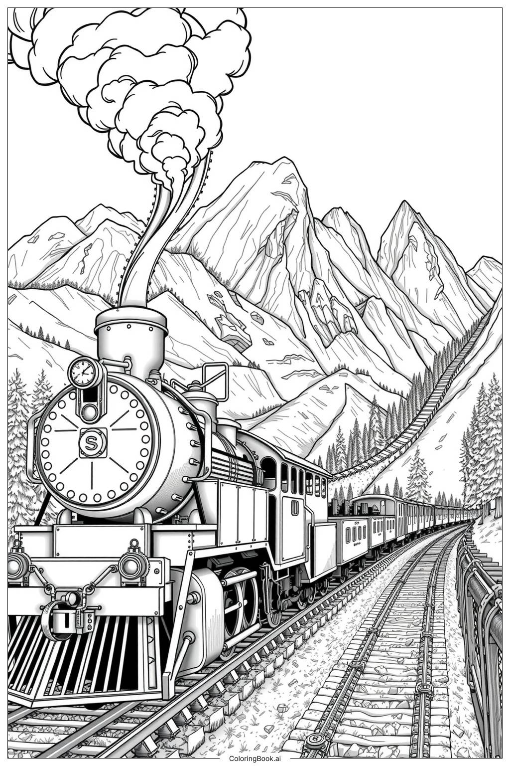 Realistic Steam Train In A Mountain Landscape Coloring Page Free PDF PNG Printable 
