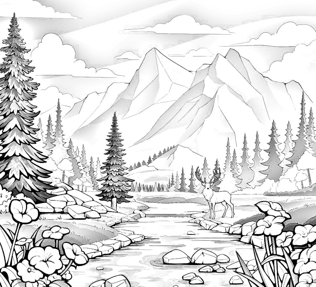 River Mountains And Trees Nature s Beauty Calming Nature Coloring Pages For Kids And Adults Digital Printable Downloads PDF Format Etsy