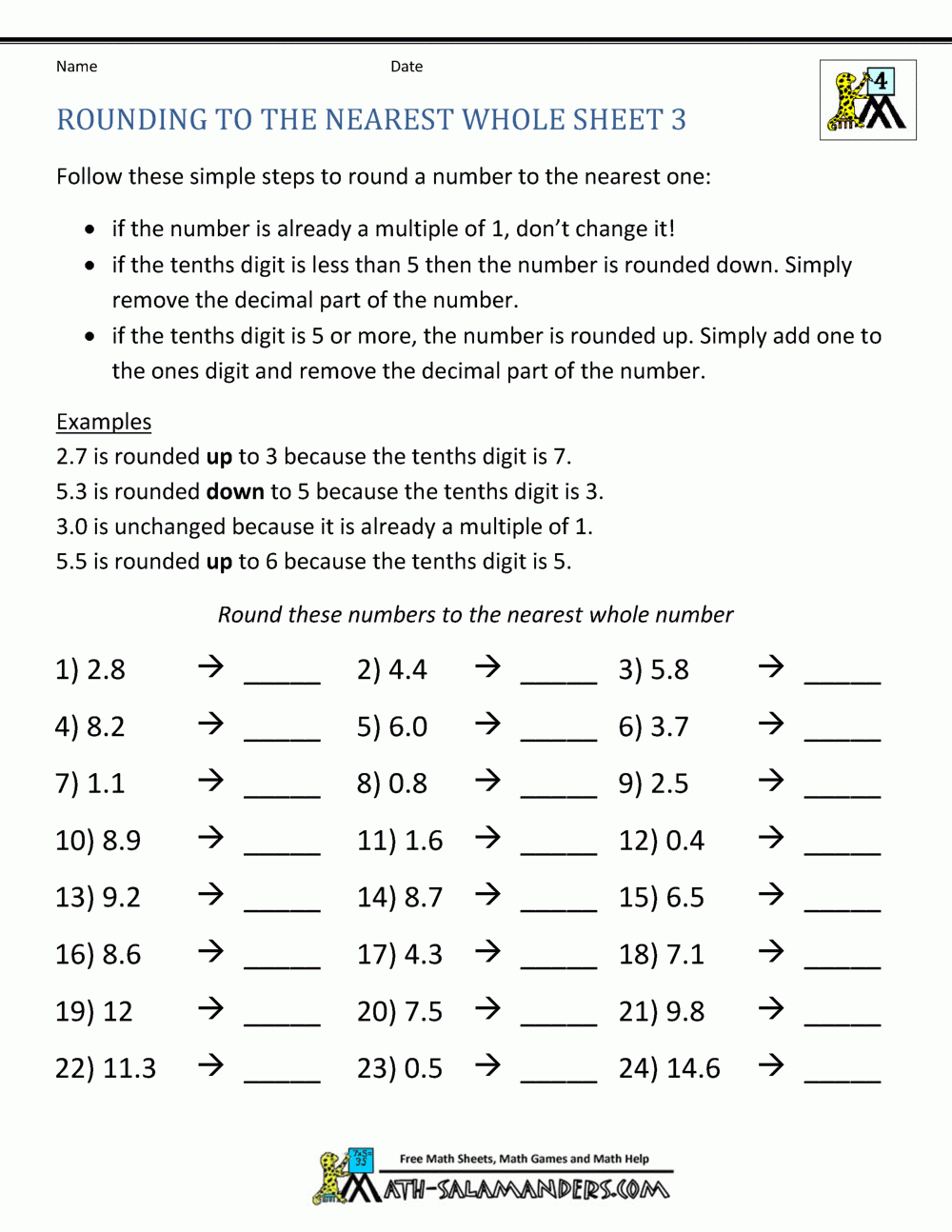 Rounding To The Nearest Whole Sheet 3