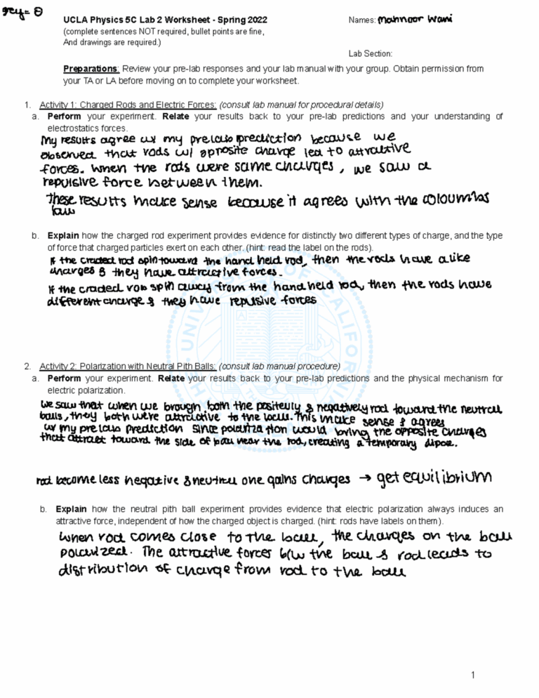 S22 5CL Lab 2 Worksheet O UCLA Physics 5C Lab 2 Worksheet Spring 2022 Names Mannoor Wani Studocu