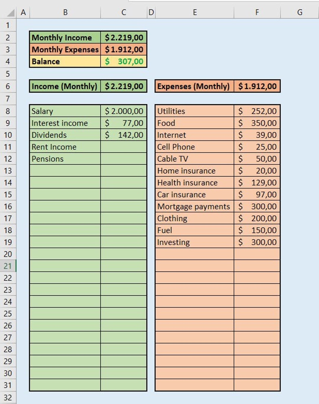 Simple Personal Monthly Income And Expenses Statement In Excel Easy Monthly Budget Spreadsheet W Built in Calculation Diff Currencies Etsy