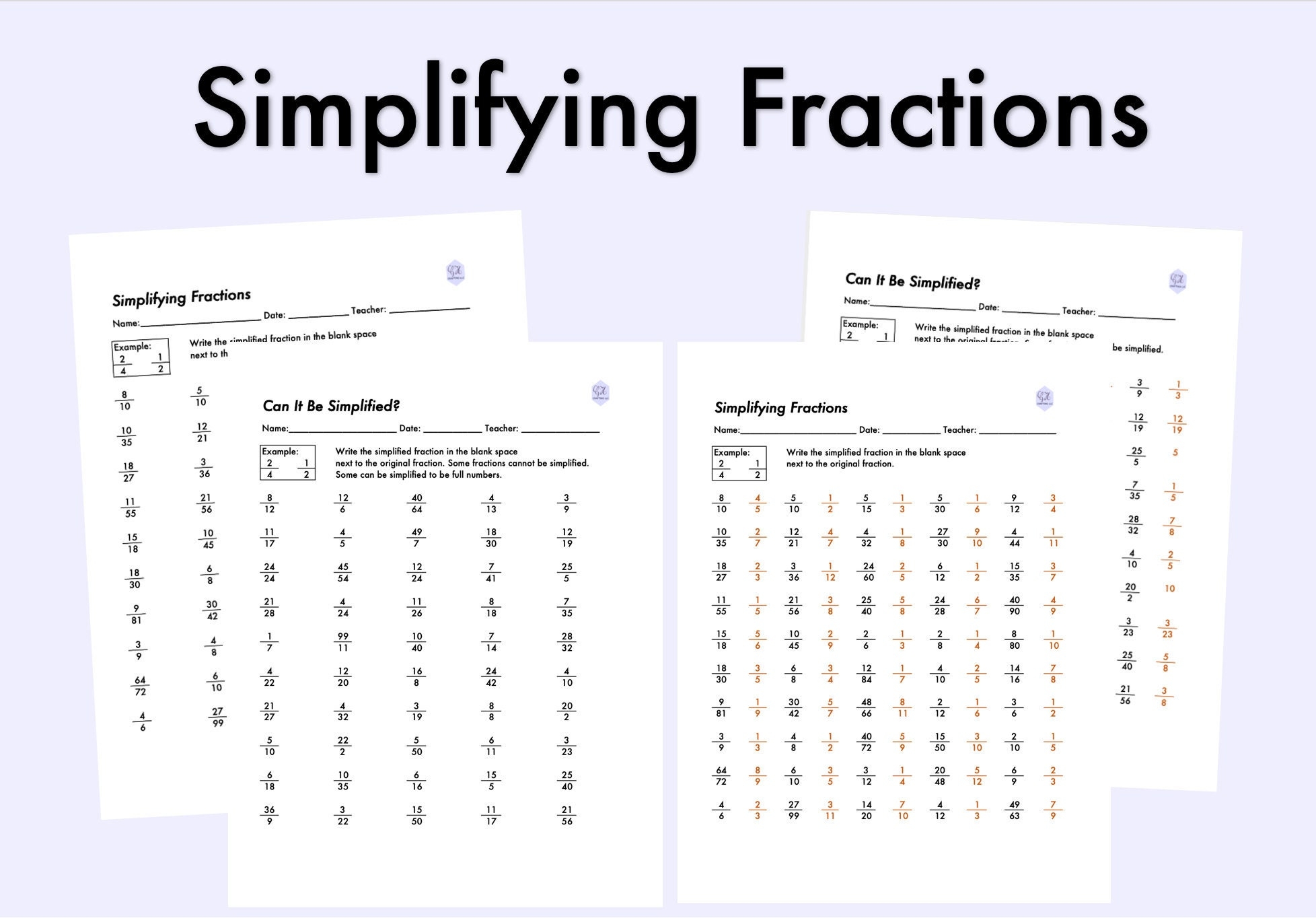 simplifying fractions worksheet