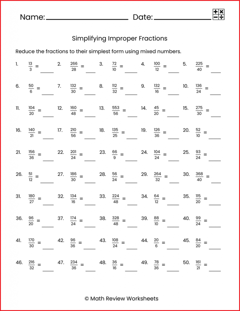 Simplifying Improper Fractions Easy Math Review Worksheets