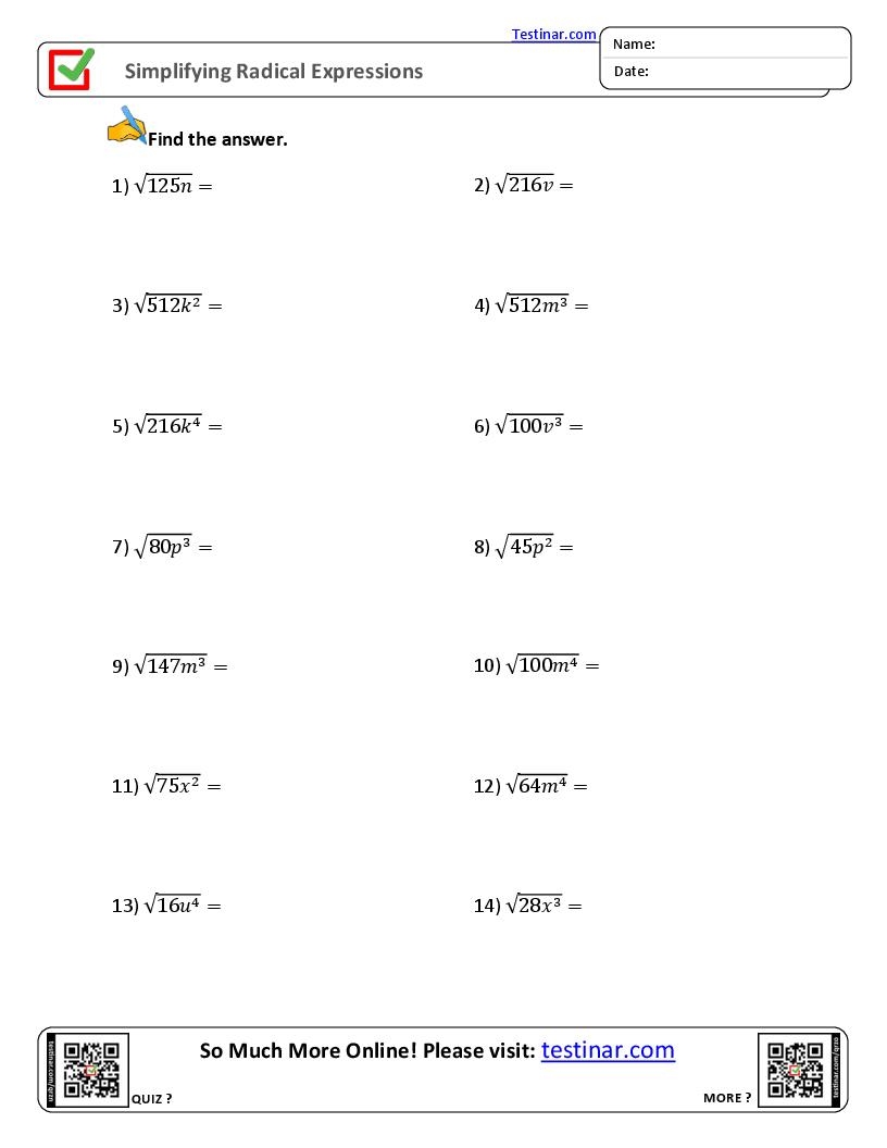 Simplifying Radical Expressions Worksheets