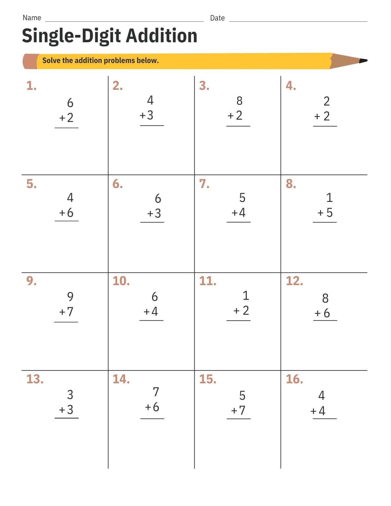single digit addition worksheets