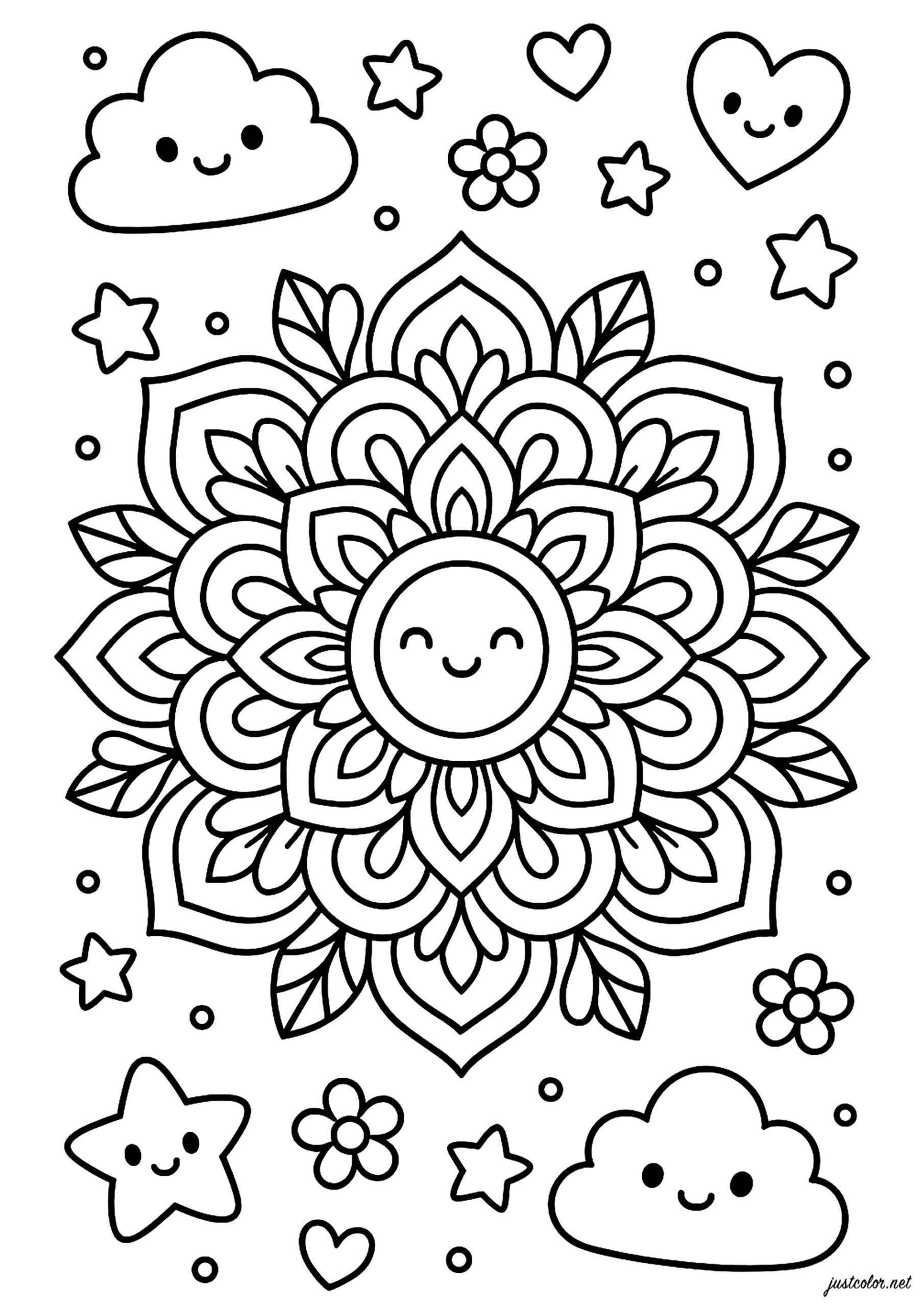 Smiling Mandala In The Sky Mandala Coloring Pages For Kids