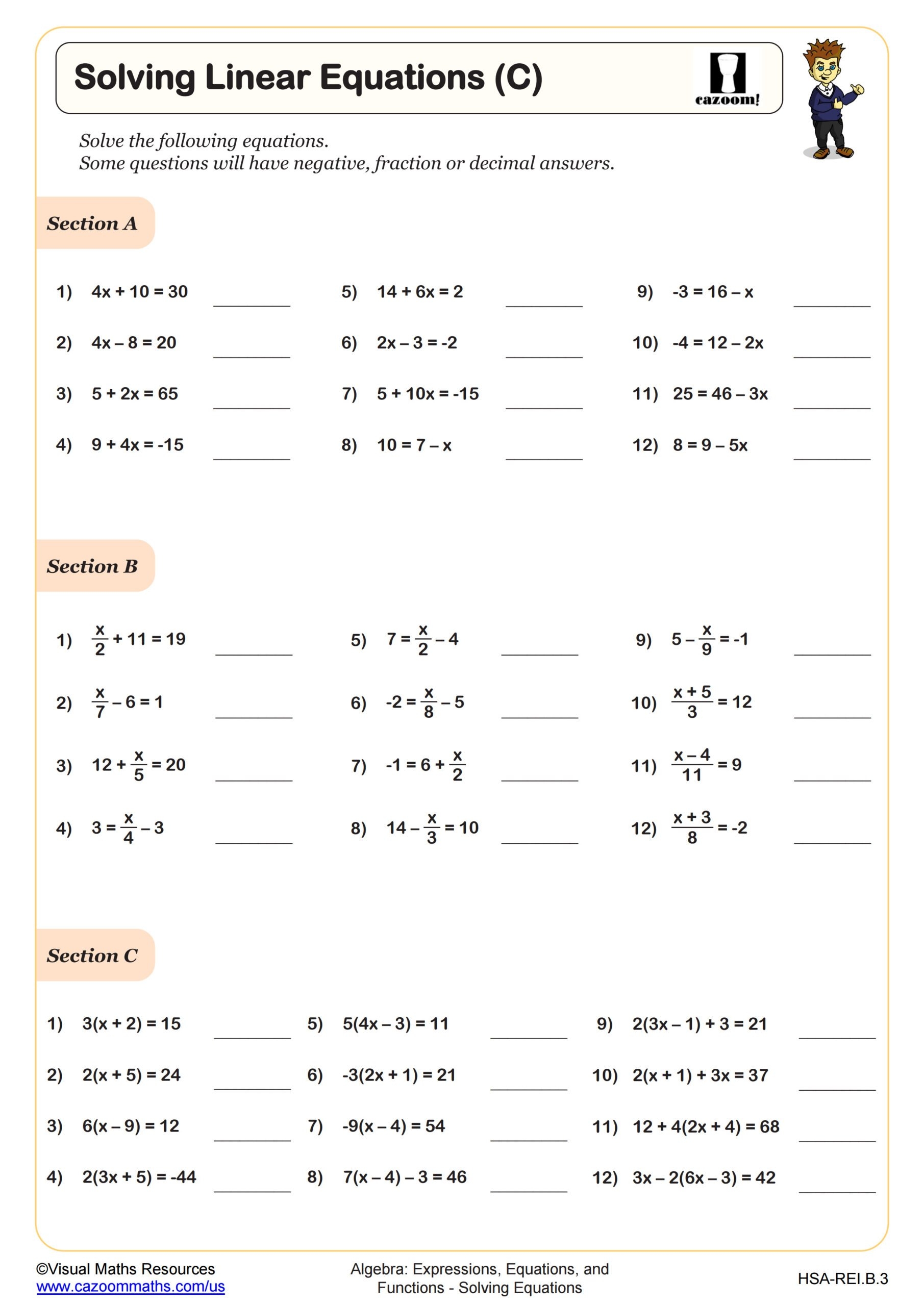 Solving Linear Equations C Worksheet Algebra I PDF Worksheets
