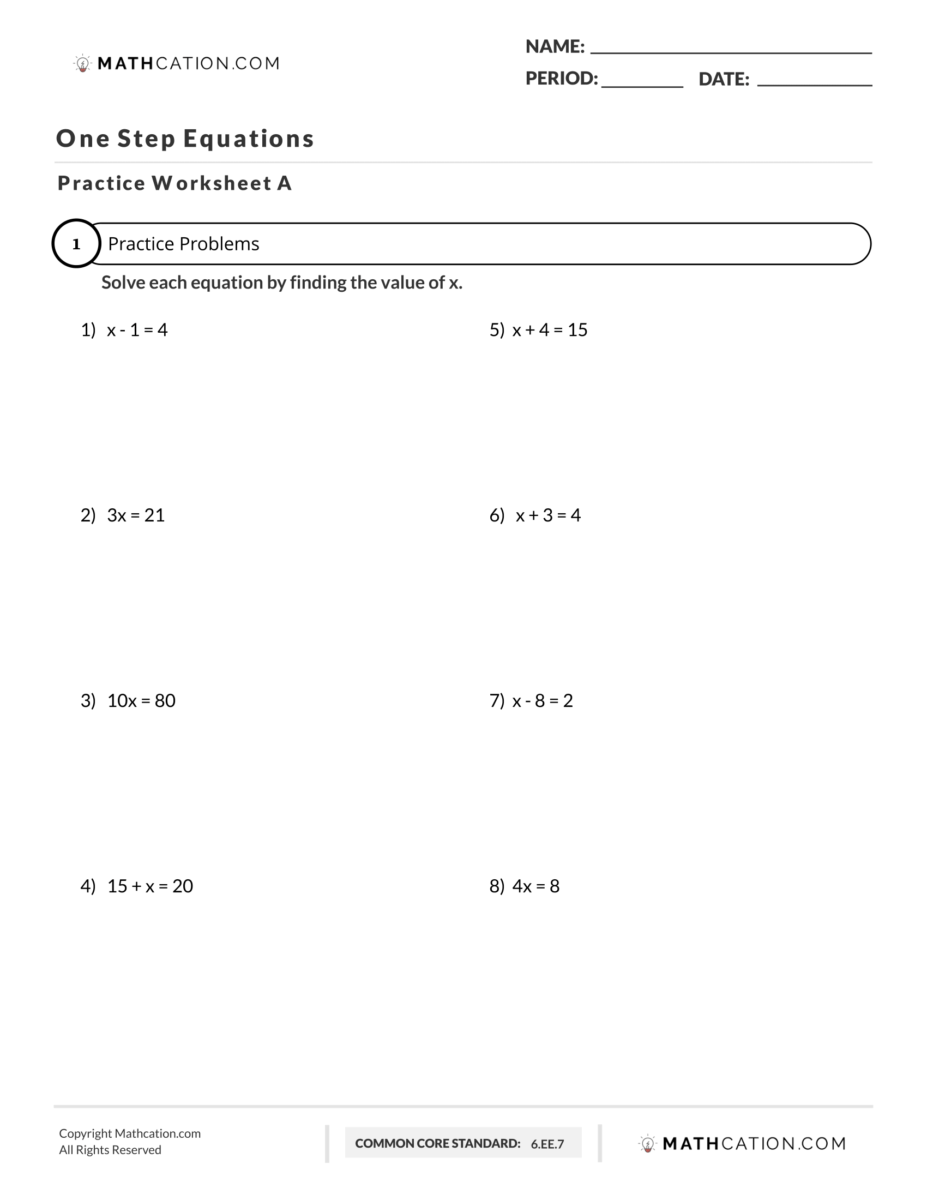 solving one step equations worksheet