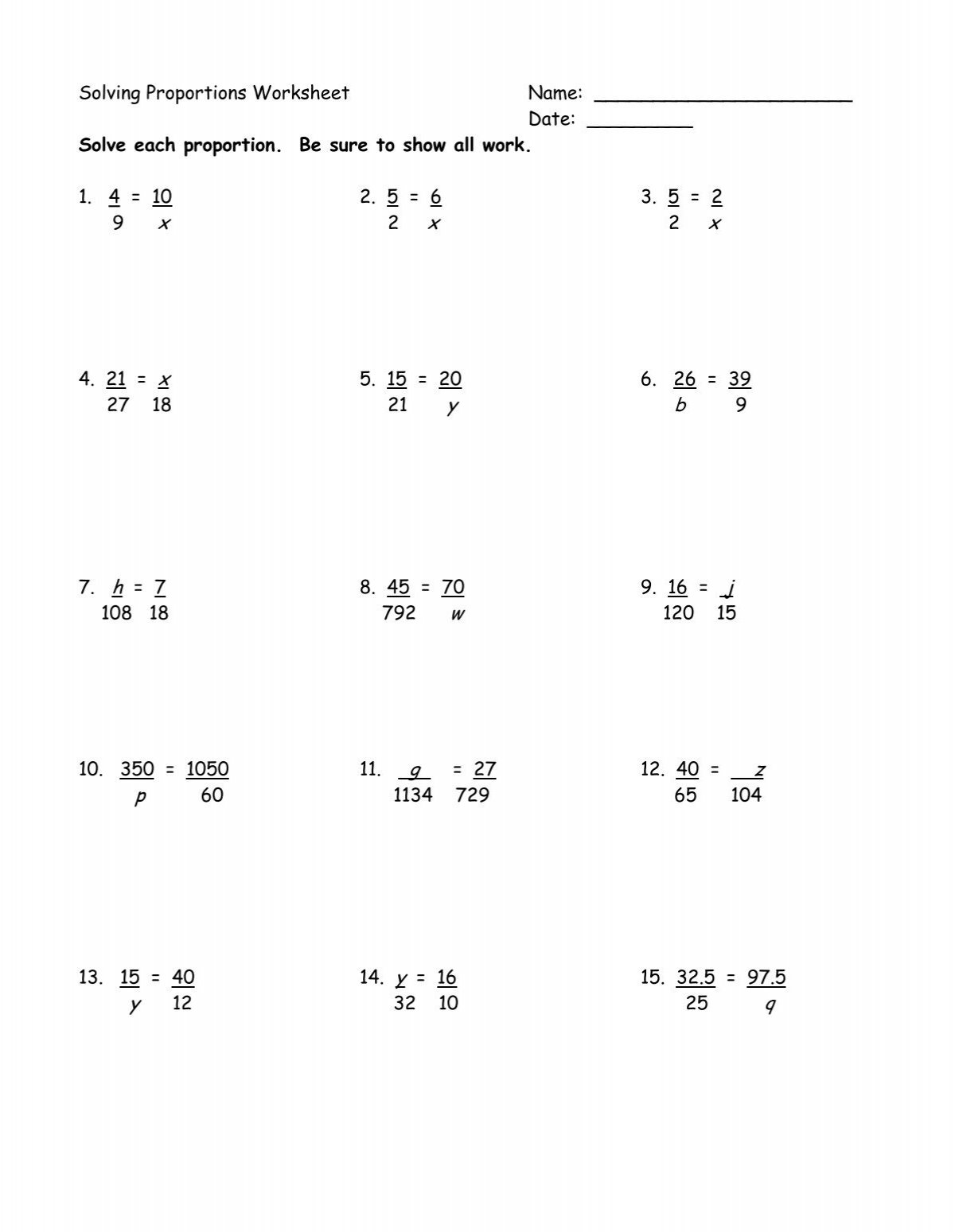 Solving Proportions Worksheet