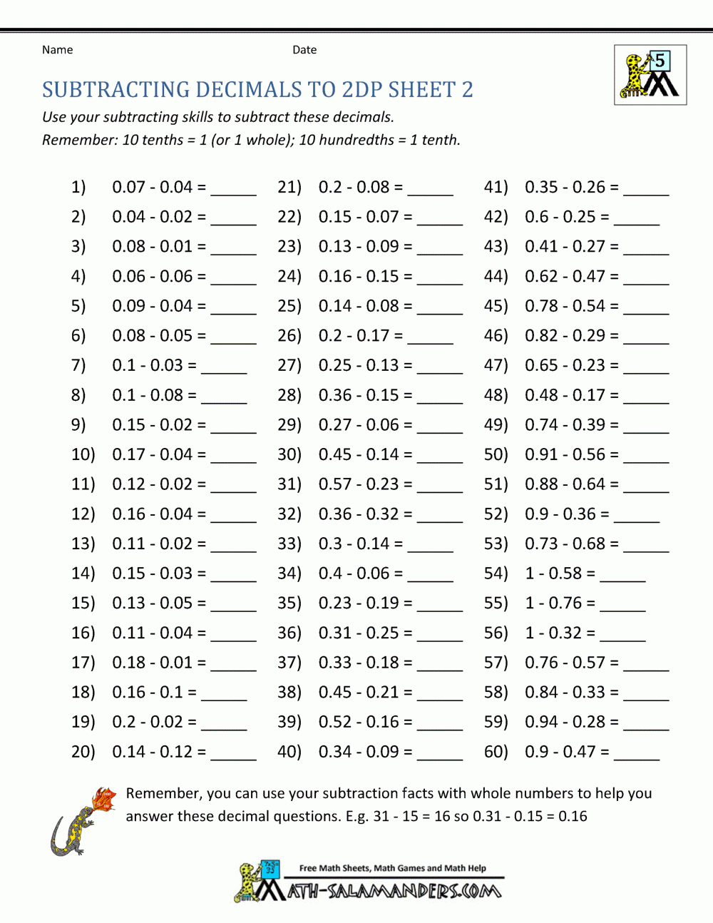 Subtracting Decimals Worksheet