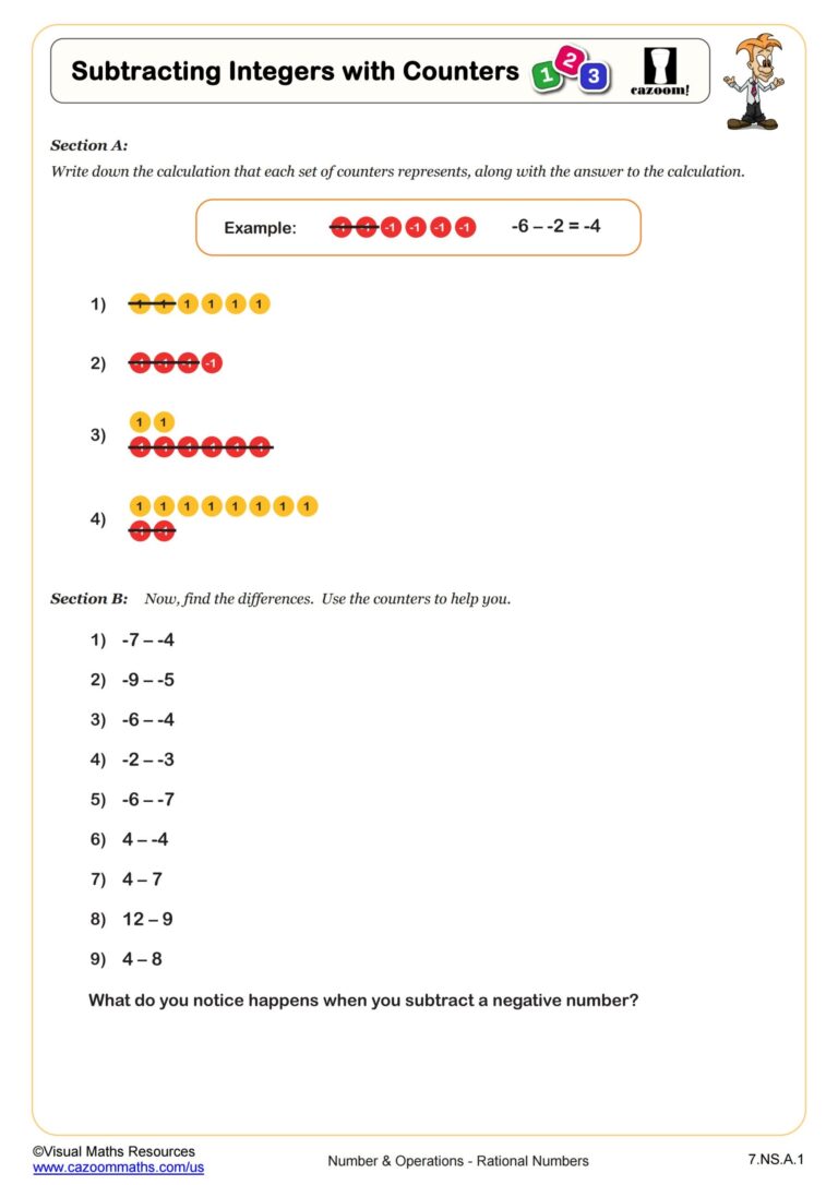 Subtracting Integers With Counters Worksheet Fun And Engaging 7th Grade PDF Worksheets