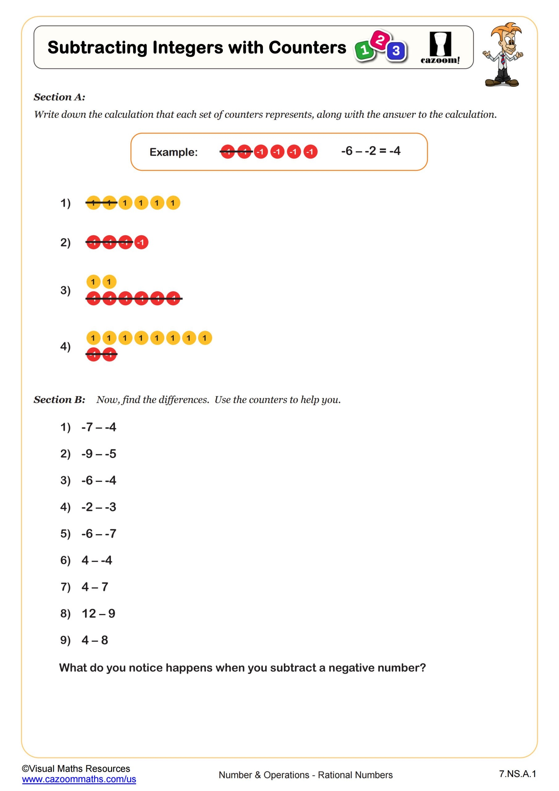 Subtracting Integers With Counters Worksheet Fun And Engaging 7th Grade PDF Worksheets