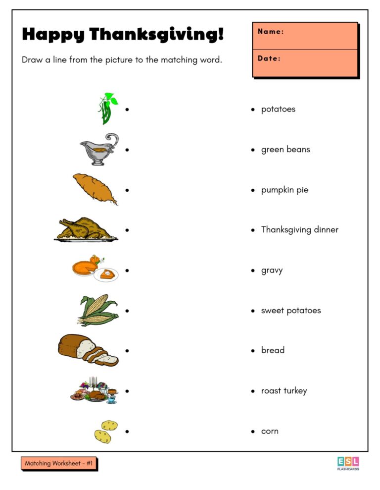 Thanksgiving Worksheets ESL Flashcards