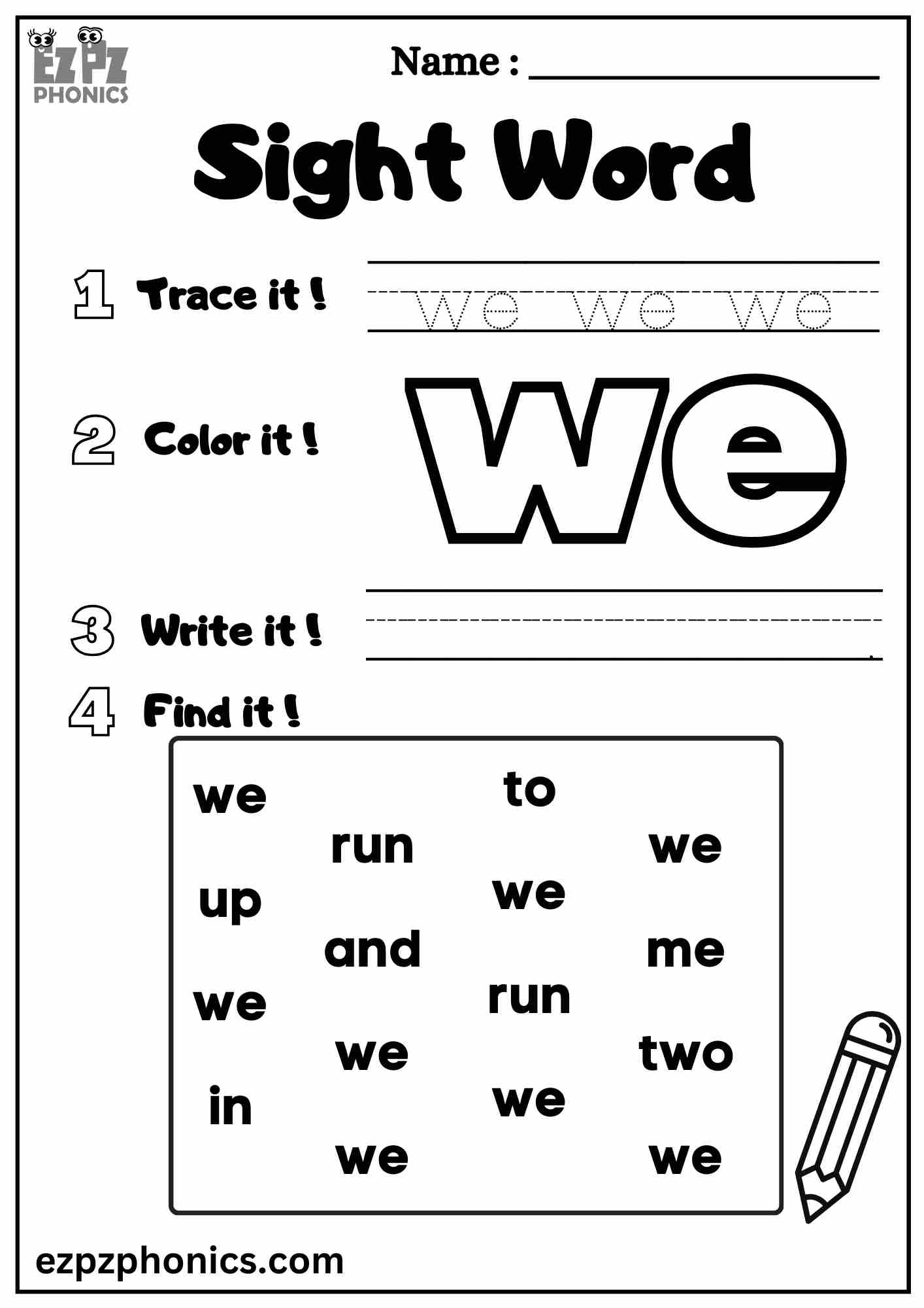 The We Sight Word Worksheet For Pre Kindergarten Dolch Sight Words Ezpzphonics