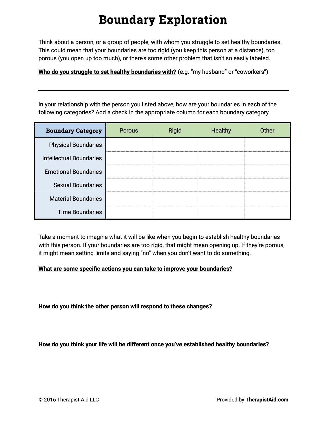 Therapist Aid Worksheets