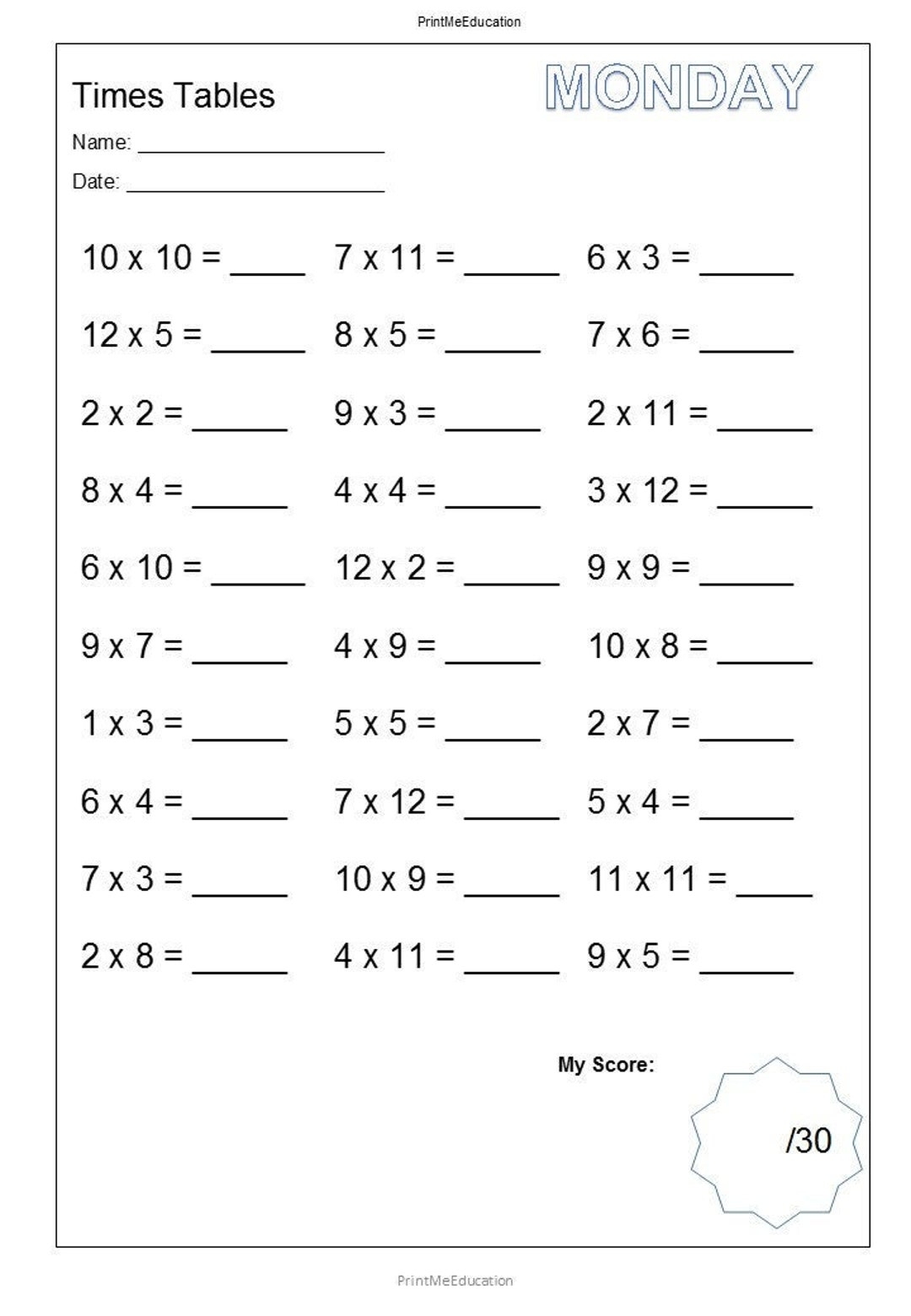Times Tables Practice Worksheets Mixed 1 12 PDF Download Etsy