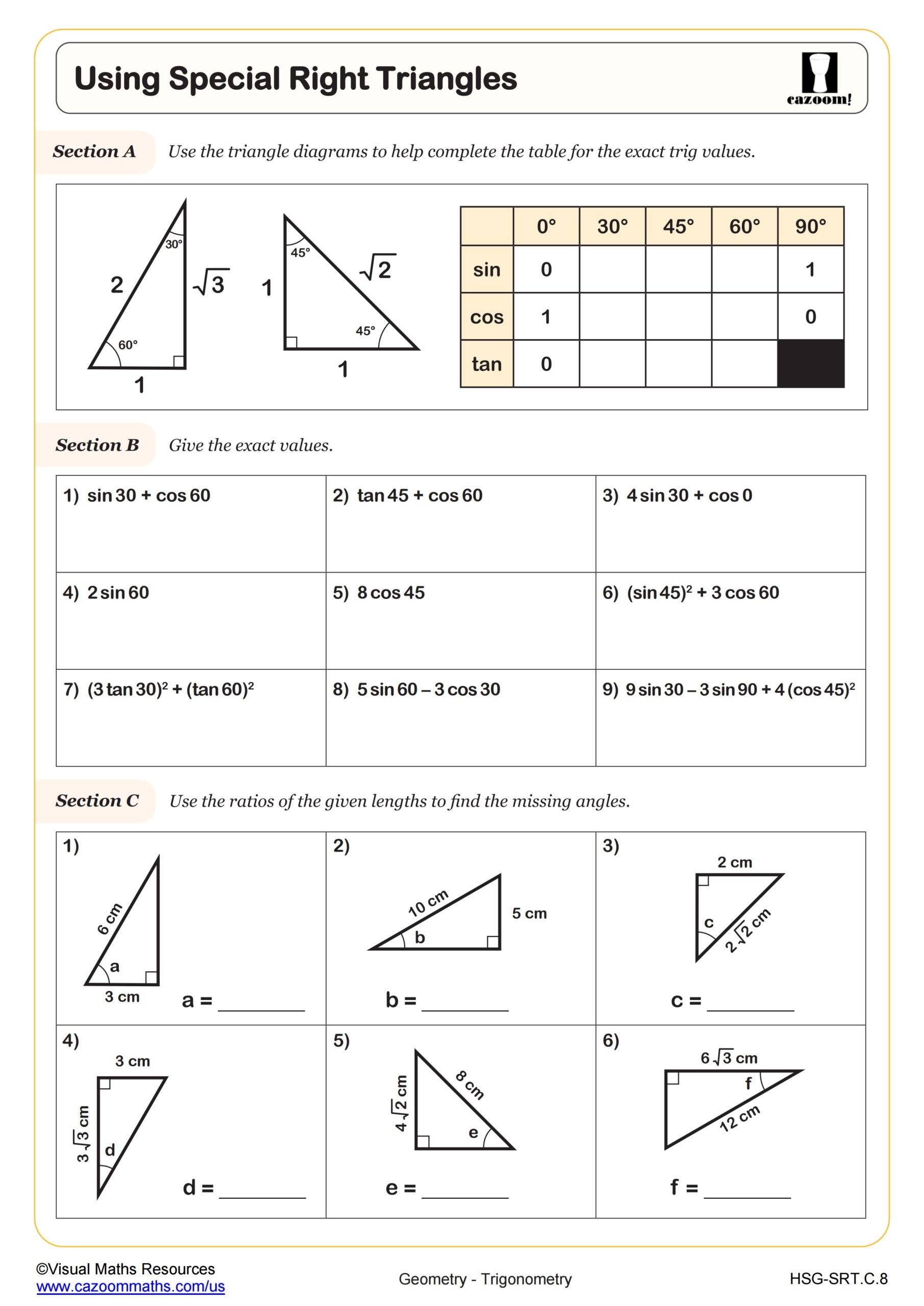 Using Special Right Triangles Worksheet PDF Printable Geometry Worksheet