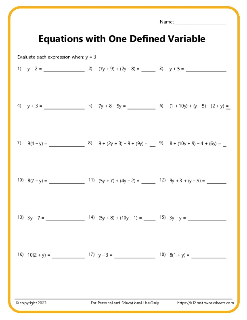 Variable Equations Worksheets