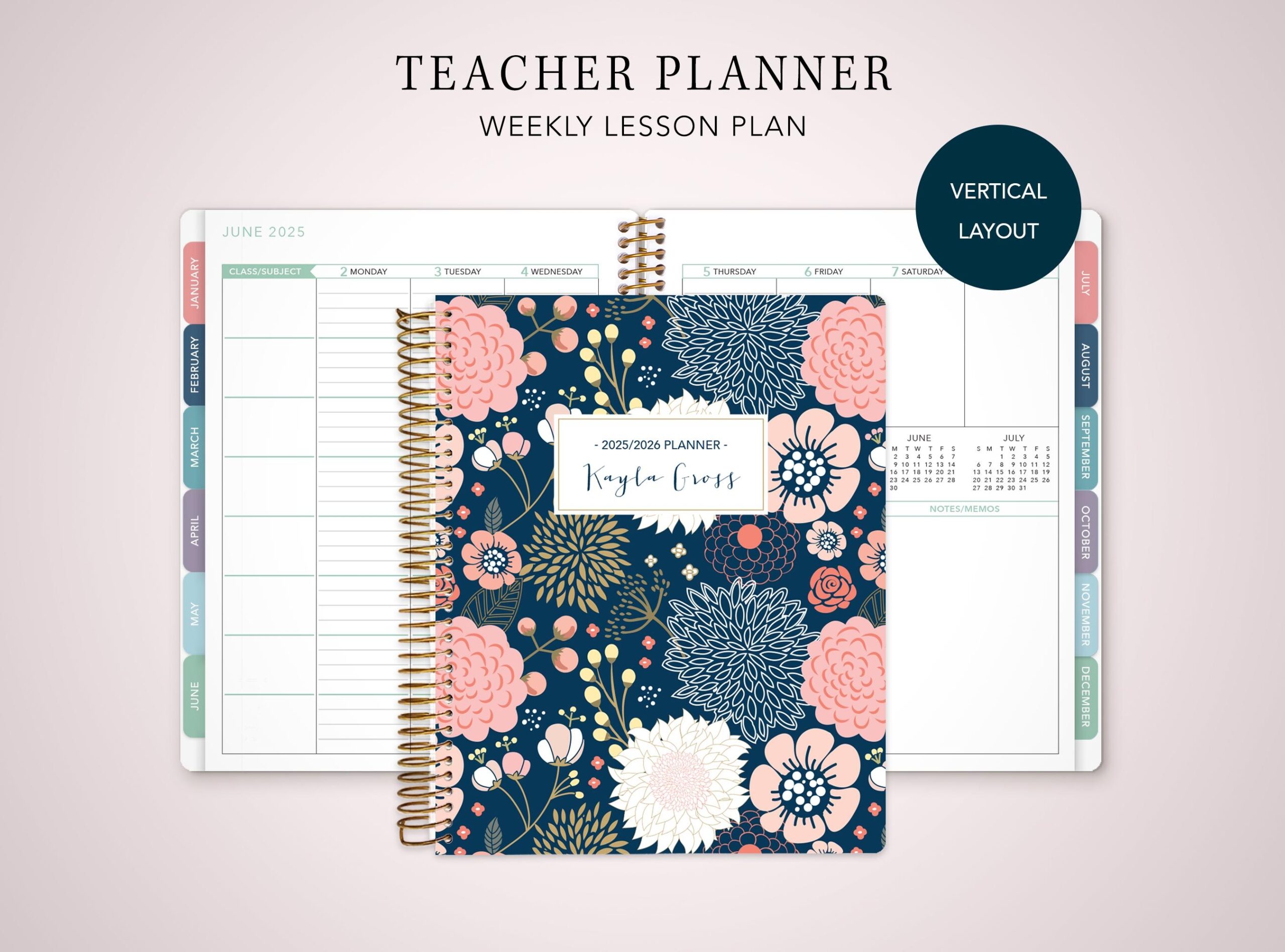 2025 2026 TEACHER PLANNER VERTICAL 7x9 2025 2026 Teacher Lesson Plan Weekly Calendar Navy Pink Gold Floral Etsy