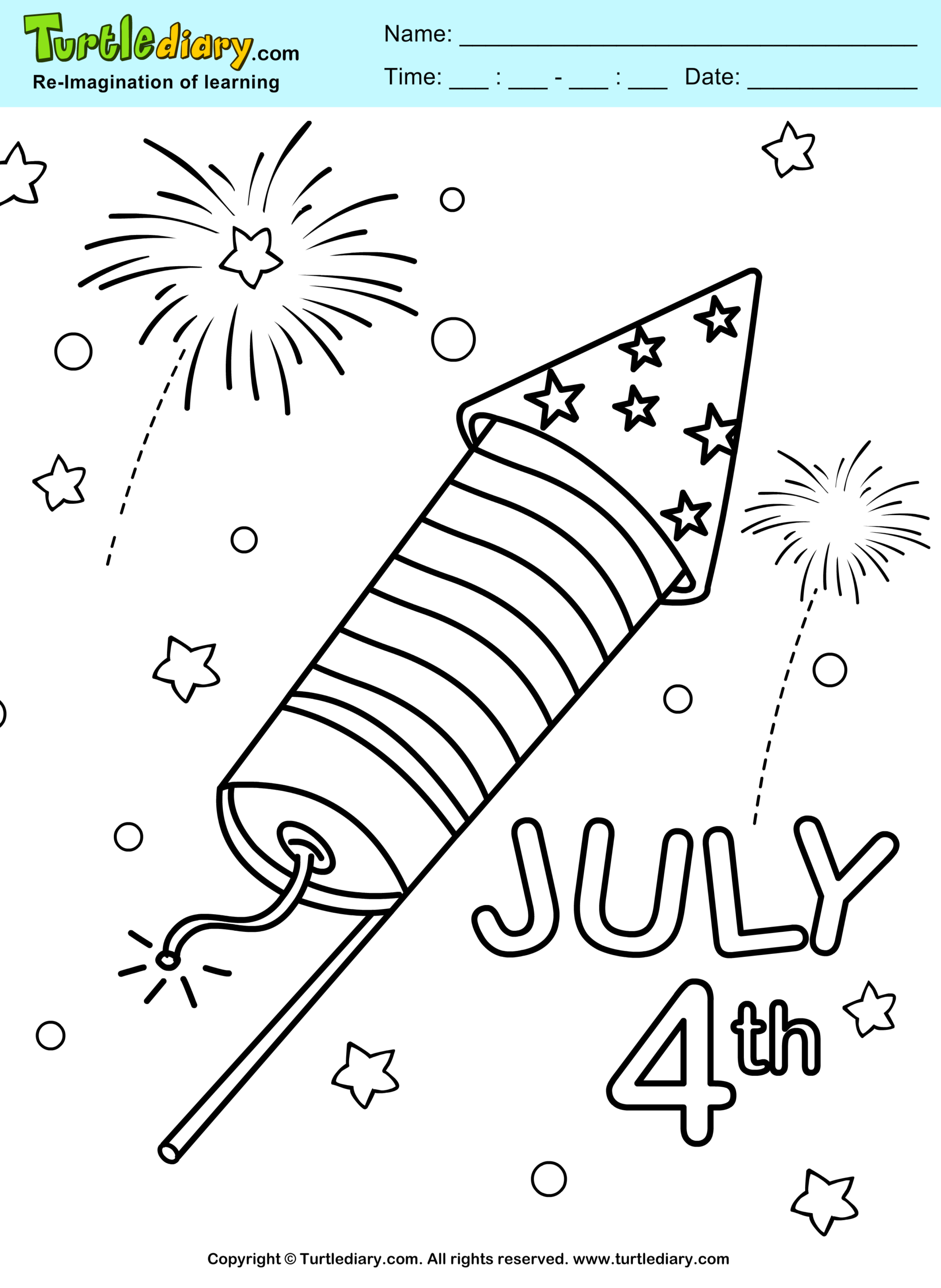 4th Of July Fireworks Turtle Diary Coloring Sheet