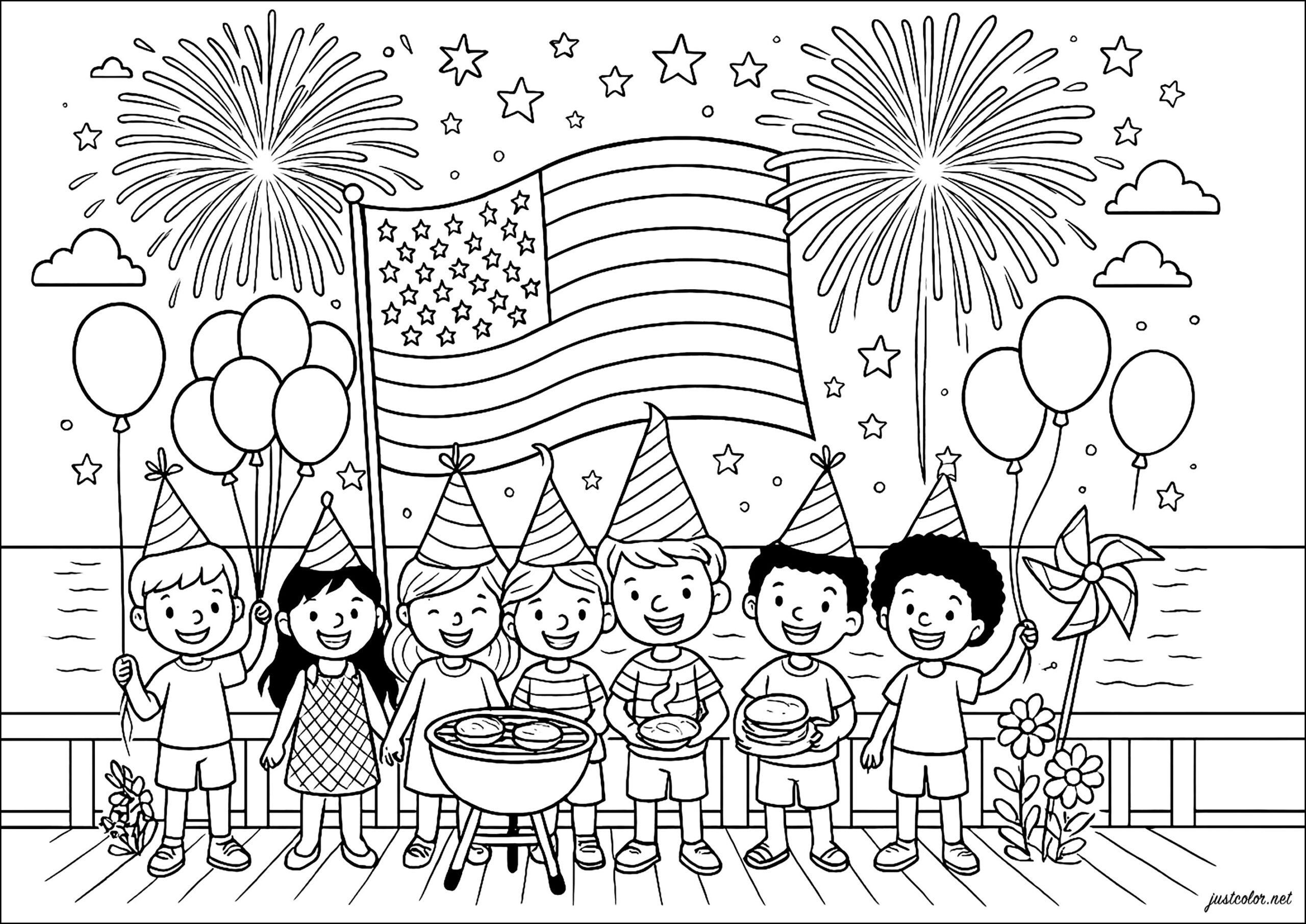 A Joyful Party Under Fireworks The 4th Of July Coloring Pages